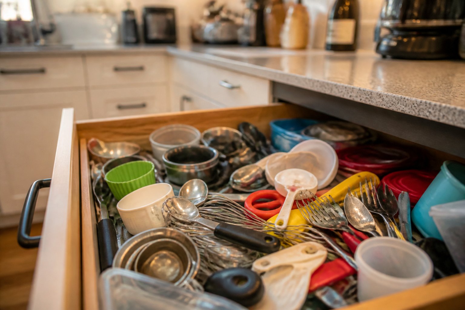 Open kitchen drawer filled with disorganized utensils and kitchen tools in a modern kitchen.