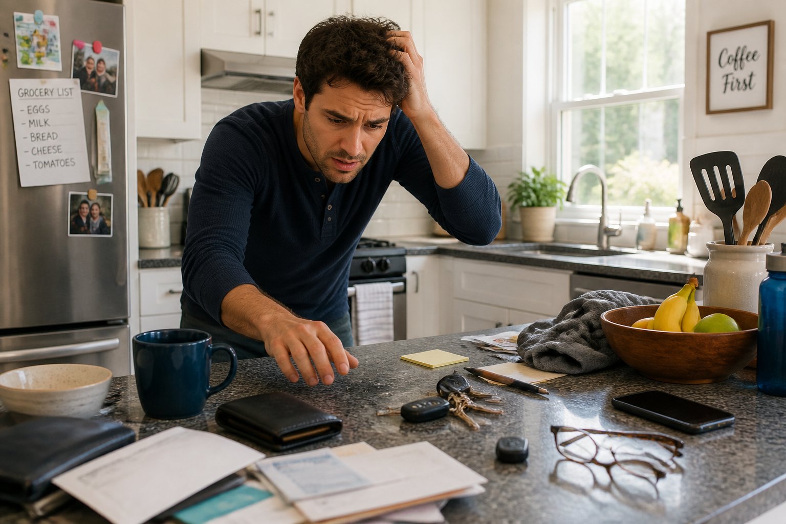 A person searching through a cluttered kitchen countertop with scattered keys, glasses, and utensils.