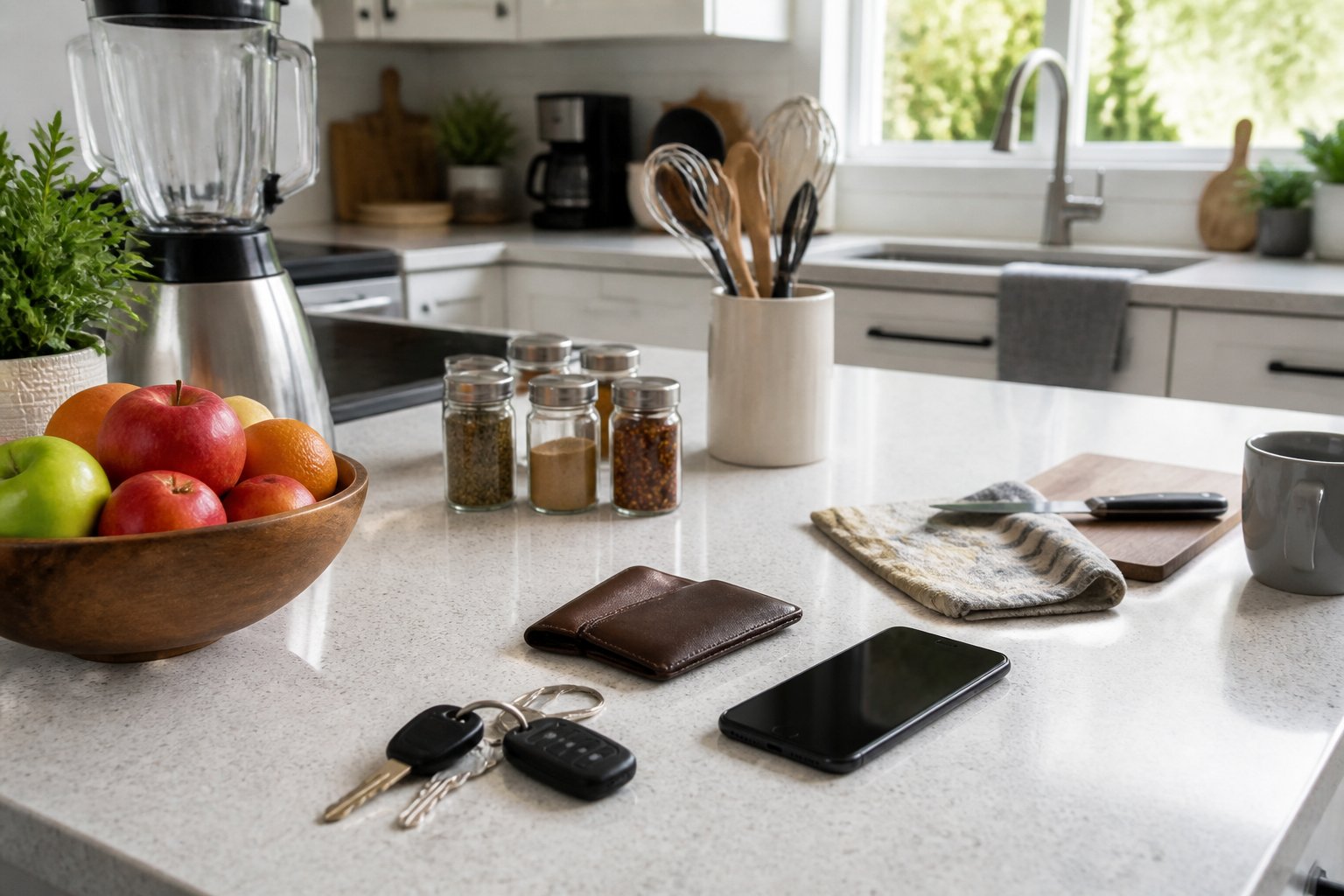 A modern kitchen countertop with keys, a phone, and utensils partially hidden among fruit bowls and spice jars.