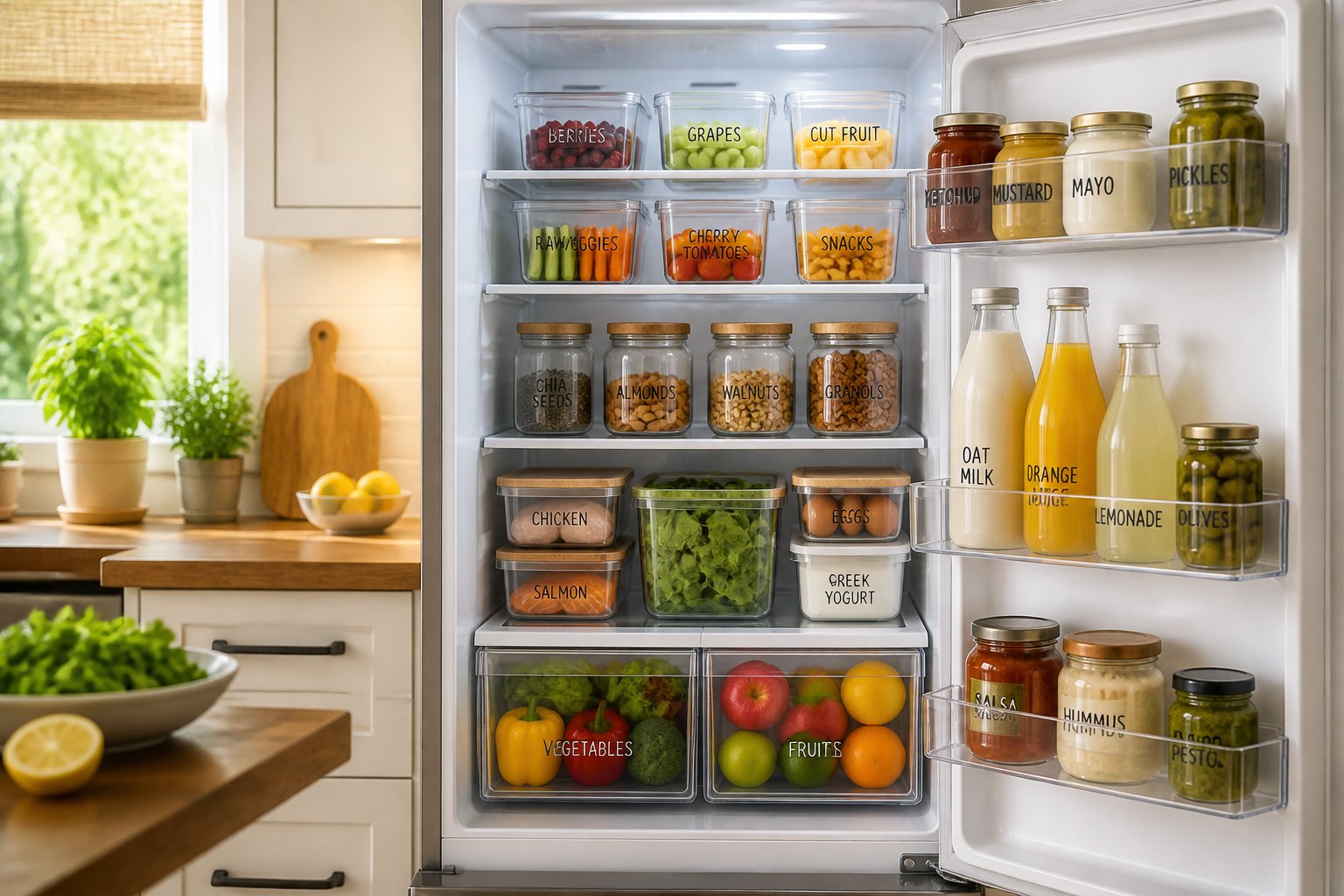 Open refrigerator in a clean kitchen, neatly organized with fresh fruits, vegetables, and clear storage containers.