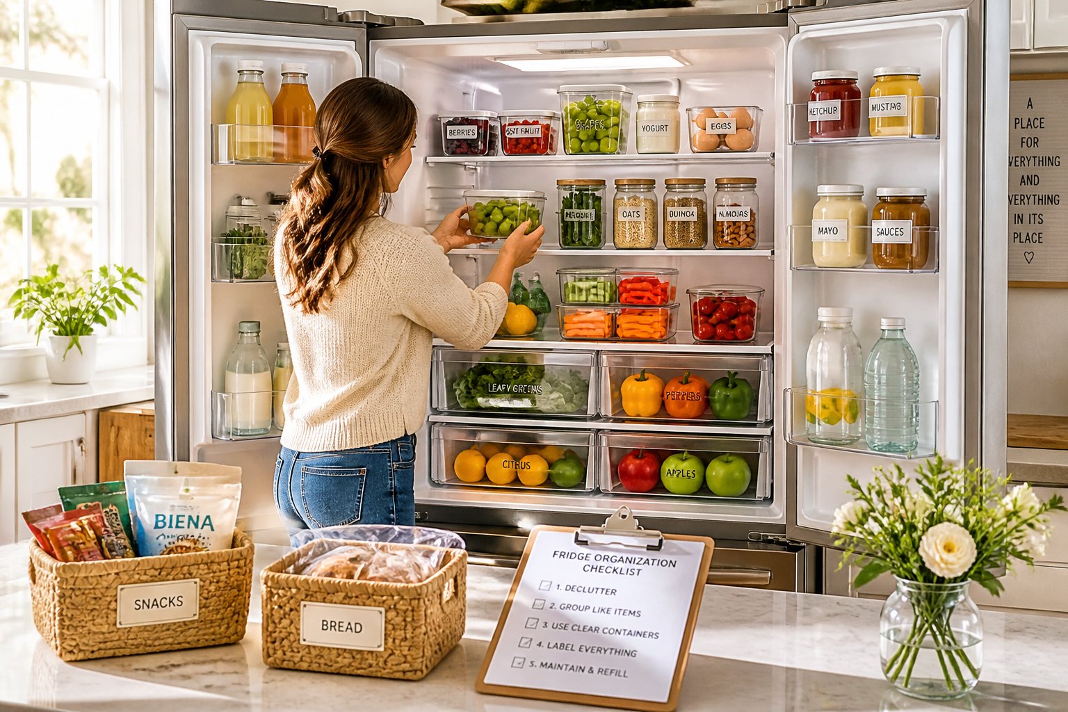 Open refrigerator with neatly arranged food containers and fresh produce in a modern kitchen, with a person organizing items inside.