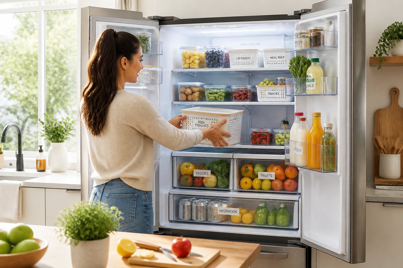 Open refrigerator in a kitchen with neatly arranged food containers and fresh produce, a person organizing items inside.