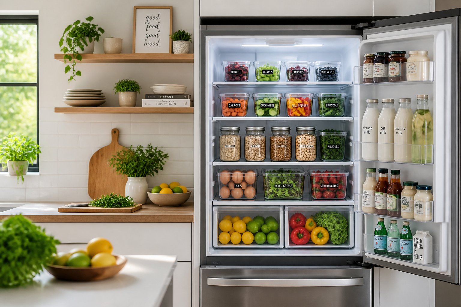 Open refrigerator in a kitchen neatly organized with fresh food and clear containers, surrounded by kitchen shelves and natural light.