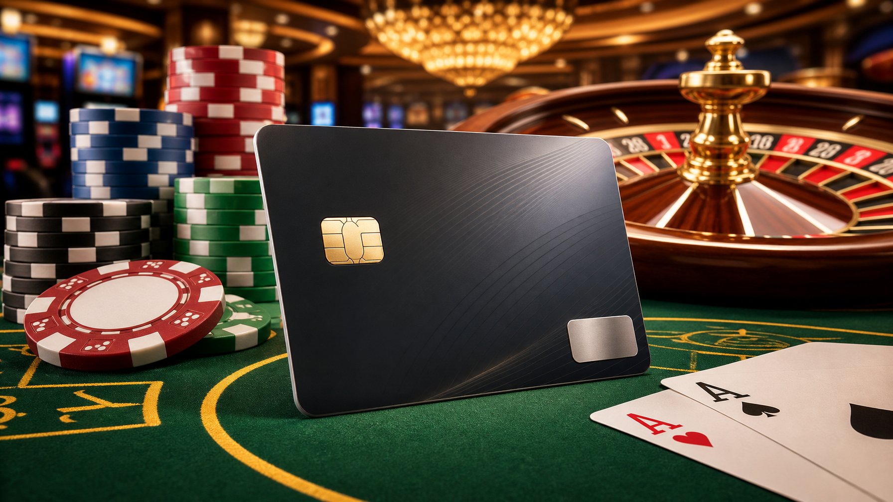 A Debit Card In Front Of Casino Elements Like Poker Chips And A Roulette Wheel, Representing A Payment Method For Casino Deposits.