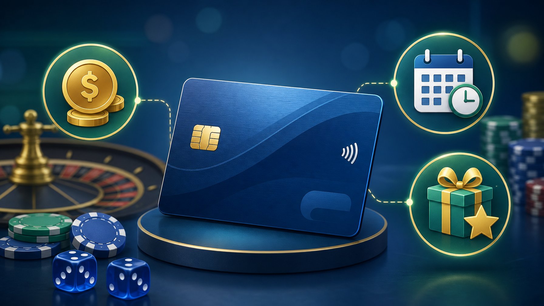 A Debit Card Surrounded By Casino Elements Like Poker Chips And Dice, With Icons Representing Costs, Availability, And Bonuses.
