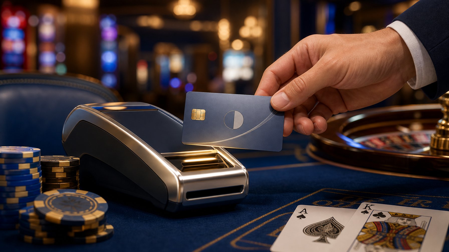 A Hand Holding A Credit Card Near A Payment Terminal In A Casino Setting With Poker Chips And A Roulette Wheel In The Background.