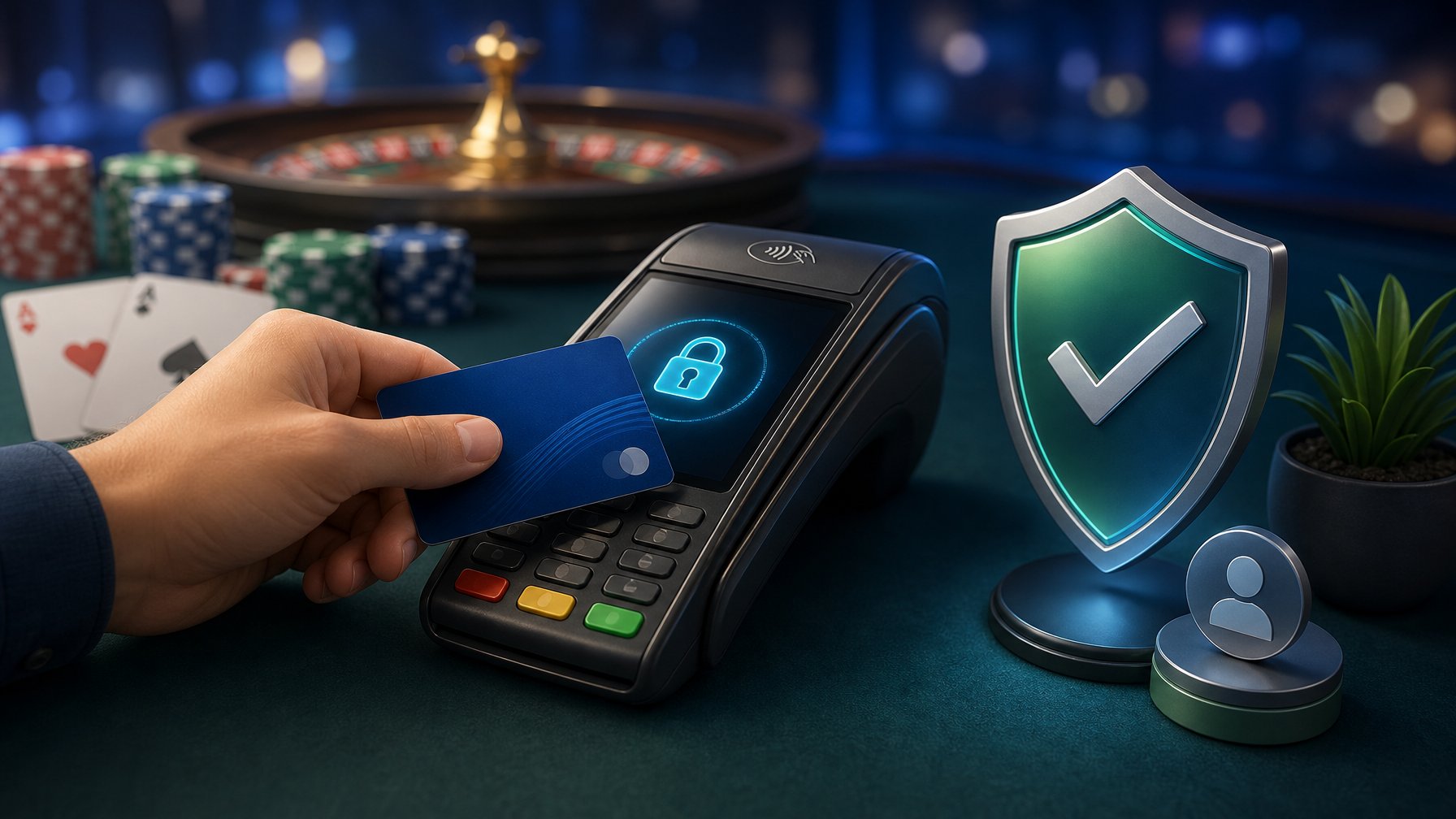 A Hand Holding A Debit Card Near A Secure Payment Terminal With Casino Chips And Playing Cards In The Background, Symbolizing Safe And Responsible Casino Payments.