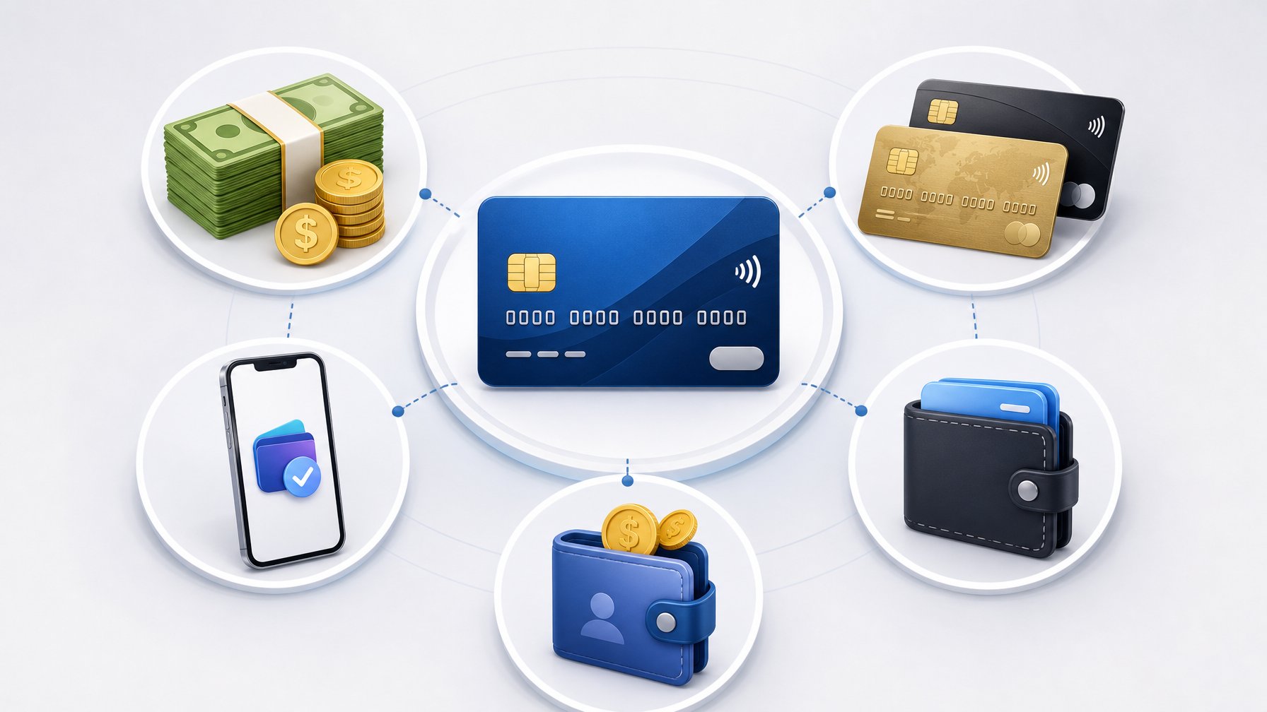 Illustration Showing A Debit Card Surrounded By Icons Of Cash, Credit Cards, Mobile Payments, And EWallets Representing Different Casino Payment Methods.