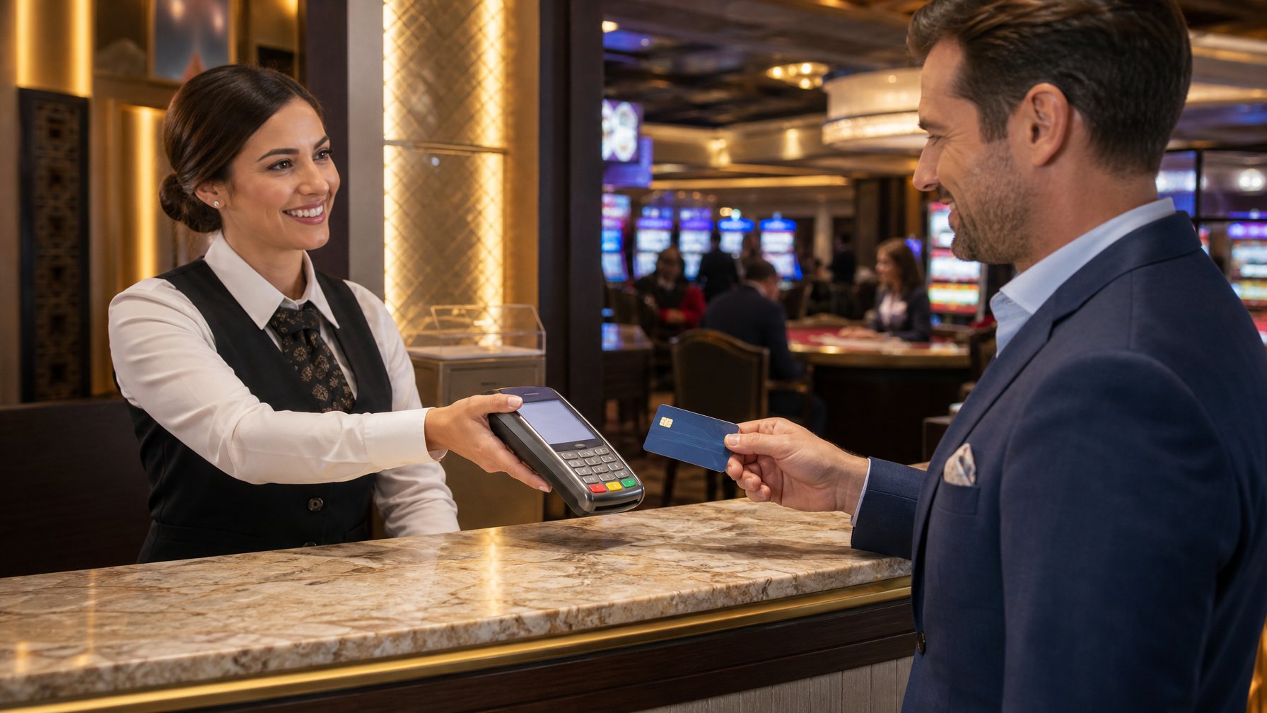 A Casino Cashier Counter Where A Customer Is Making A Payment Using A Diners Club Card With The Cashier Handing Over A Card Reader.