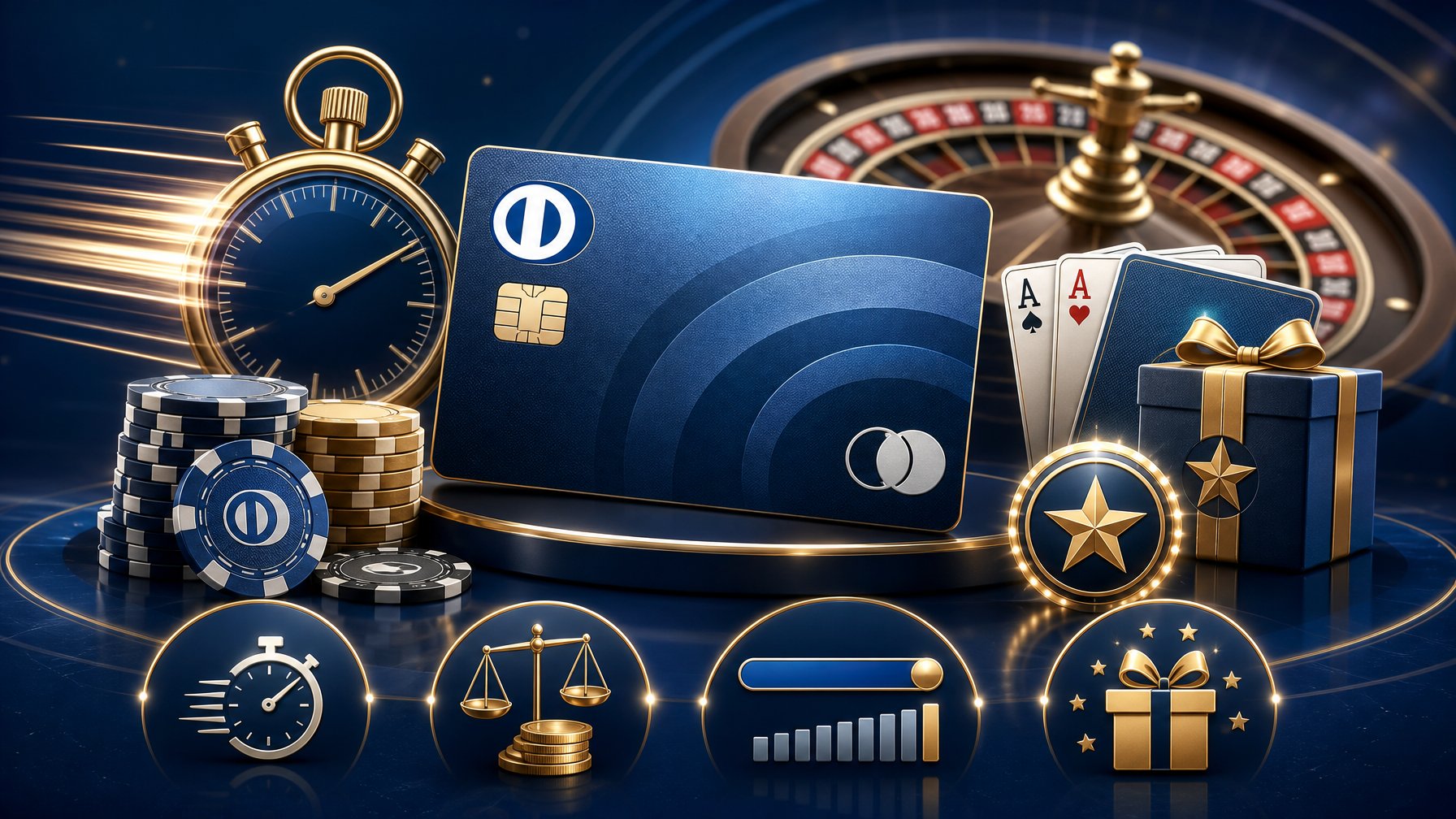 An Illustration Showing A Diners Club Credit Card Surrounded By Casino Elements Like Poker Chips, Playing Cards, And A Roulette Wheel, Along With Symbols Representing Speed, Fees, Limits, And Bonuses.
