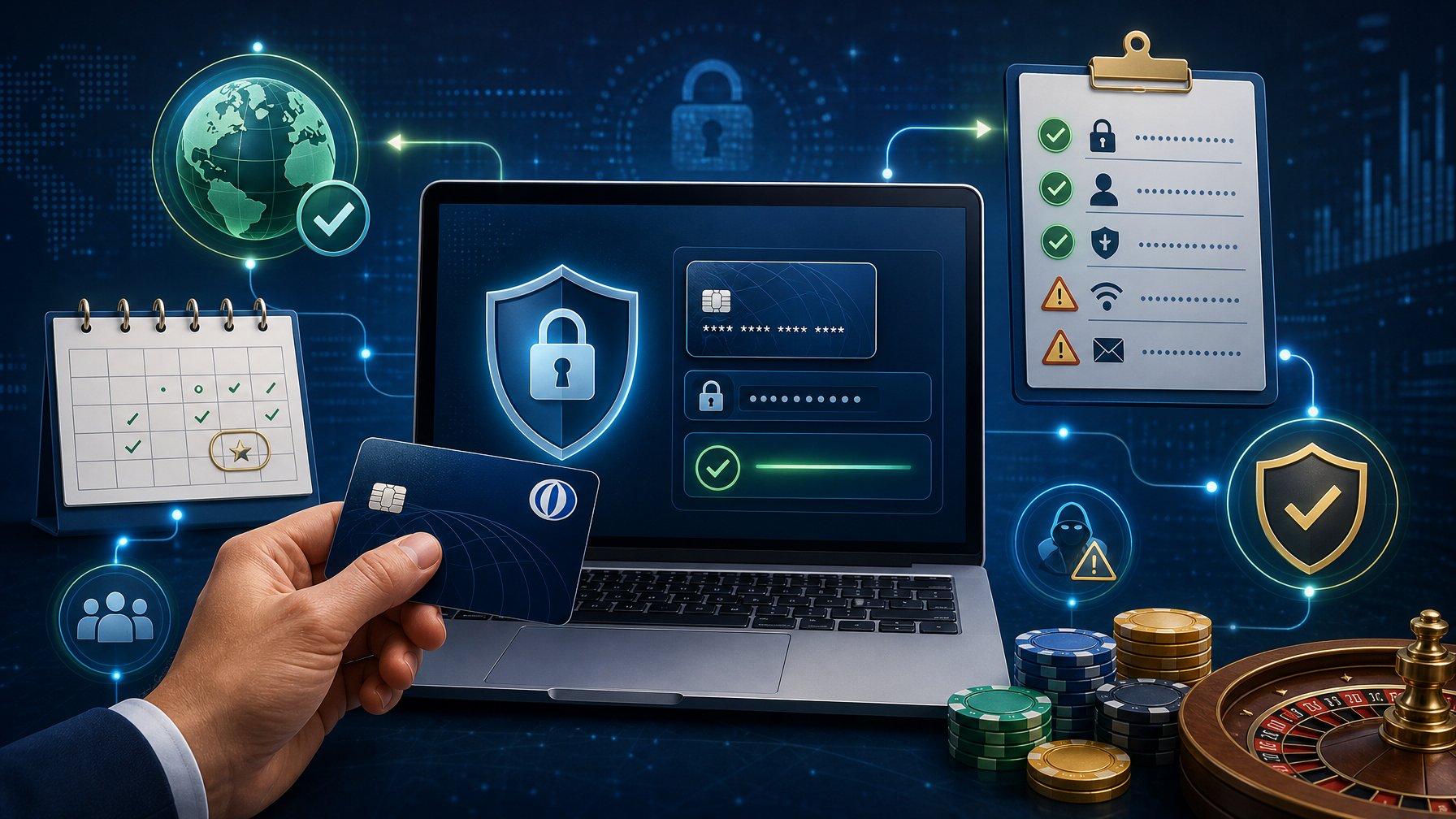 A Hand Holding A Diners Club Credit Card Over A Laptop Showing A Secure Payment Screen, Surrounded By Icons Representing Safety, Availability, And Caution.
