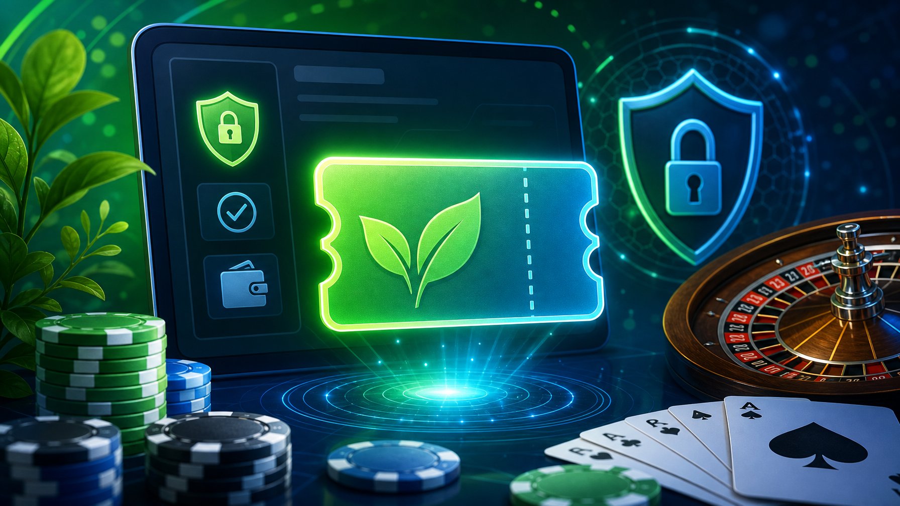 A Digital Voucher Card Surrounded By Casino Elements Like Chips, Cards, And A Roulette Wheel, Representing A Secure Online Casino Payment Method.