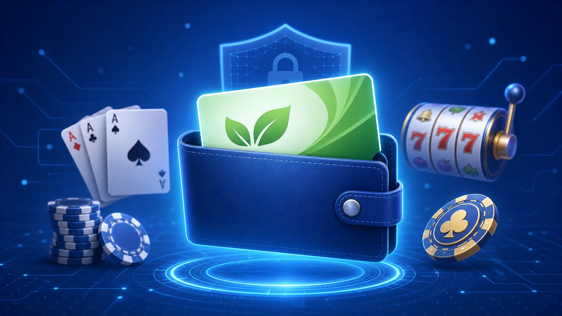 A Digital Voucher Card Surrounded By CasinoRelated Icons Like Playing Cards And Chips, Set Against A Blue TechInspired Background.