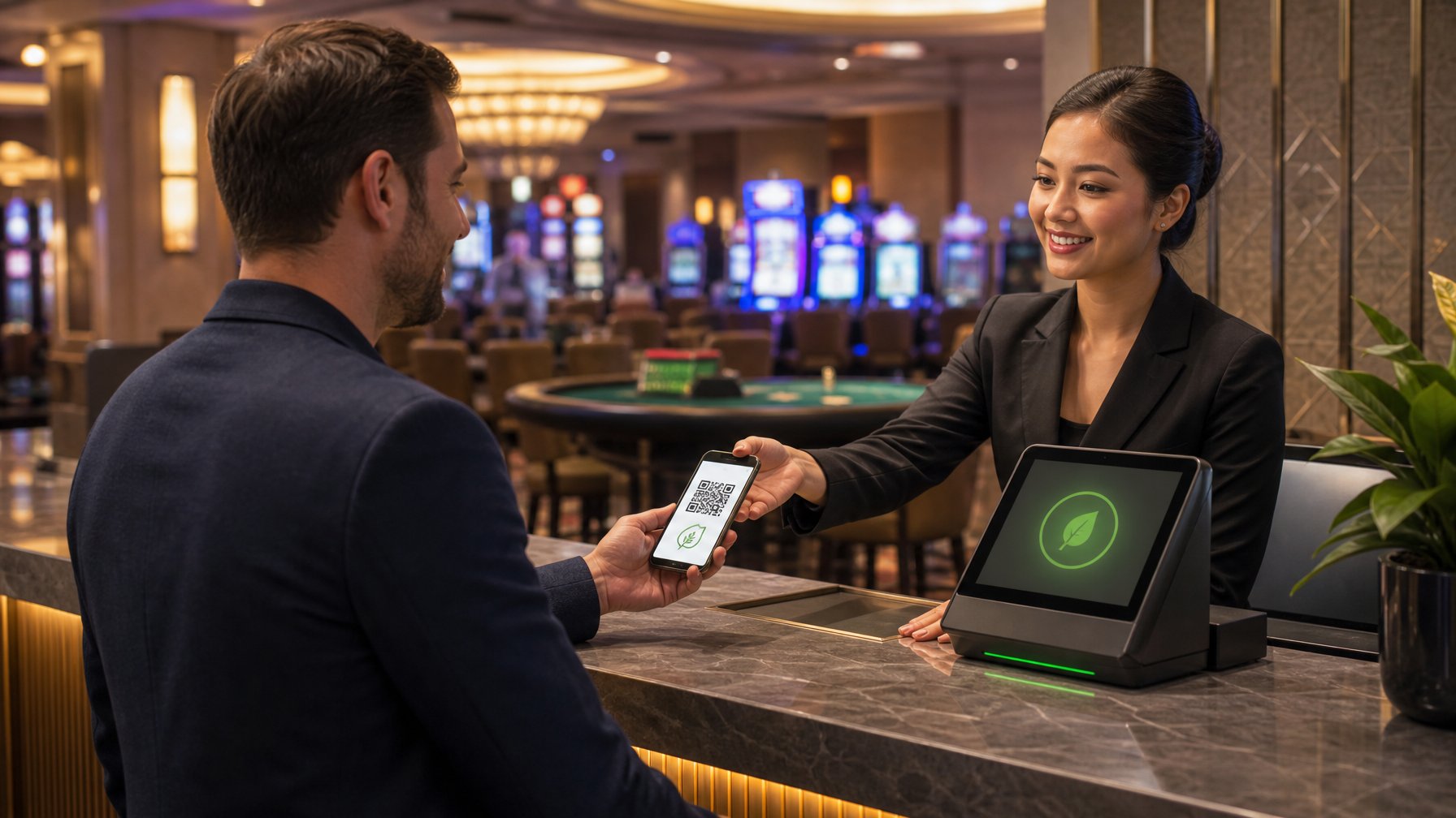 A Customer At A Casino Cashier Counter Making A Payment Using An EcoFriendly Voucher While The Cashier Assists.