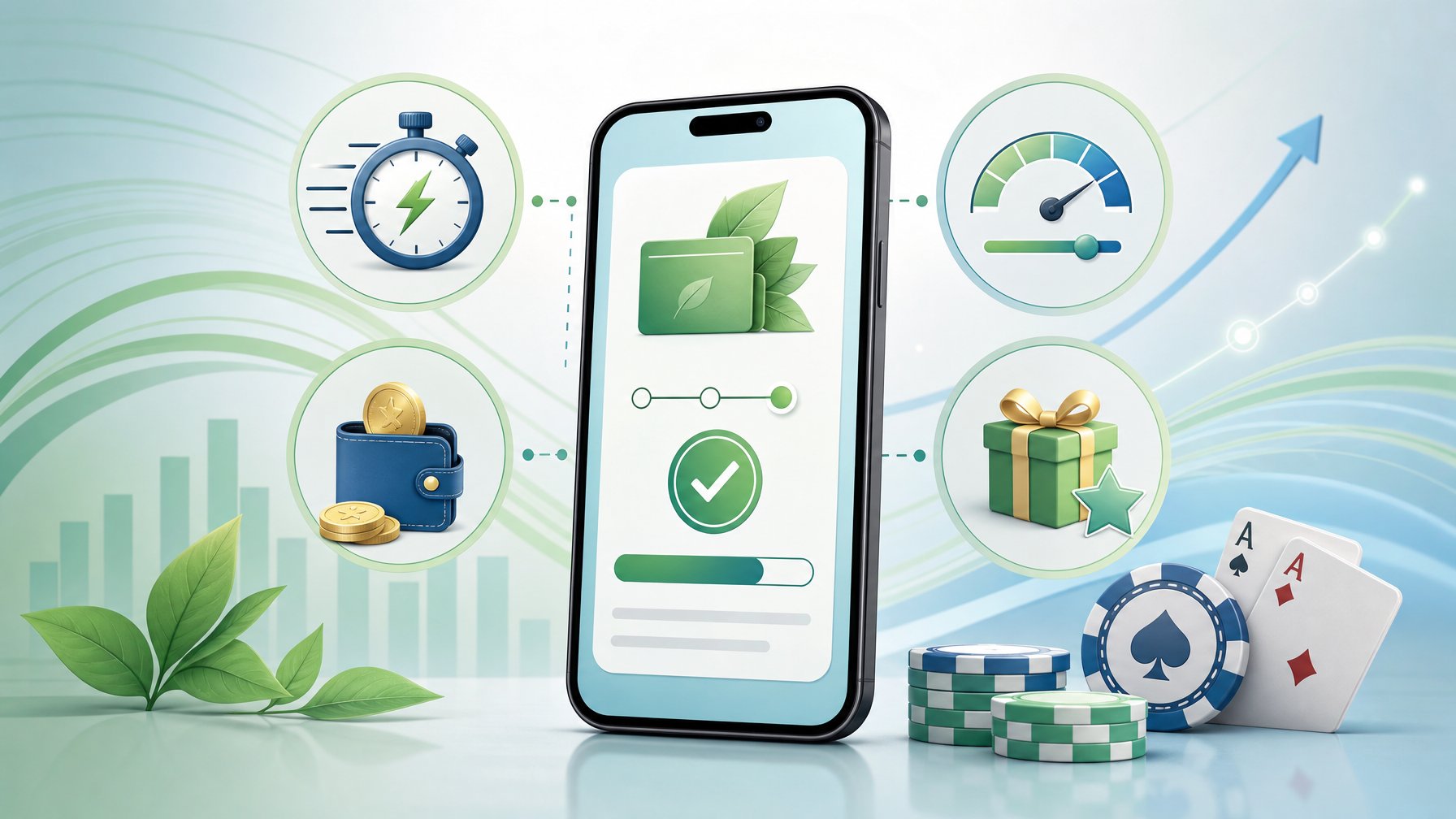 A Smartphone Displaying A Digital Payment Interface Surrounded By Icons Representing Speed, Fees, Limits, And Bonuses, Set Against A Clean, Green And Blue Background.