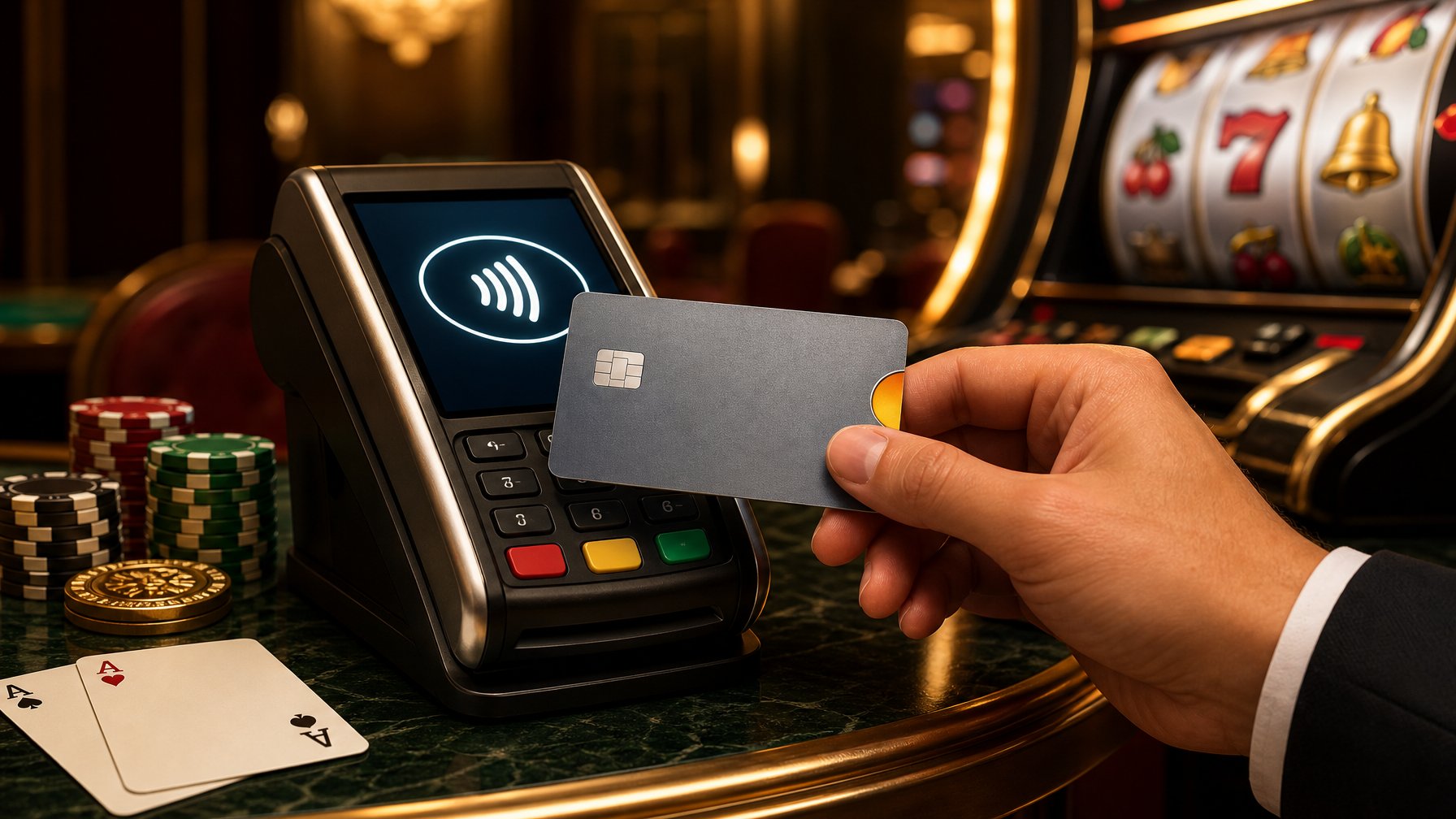 A Hand Holding A Discover Card Near A Payment Terminal Inside A Casino With Poker Chips And Playing Cards Around.