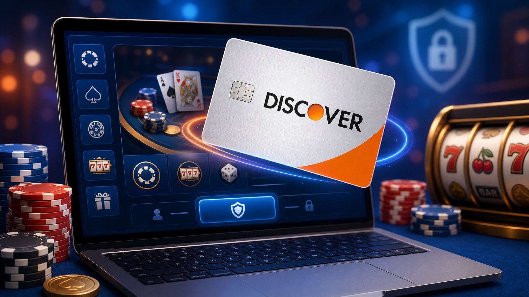 A Discover Credit Card Hovering Above A Digital Casino Interface With Poker Chips, Playing Cards, And Slot Machine Icons.
