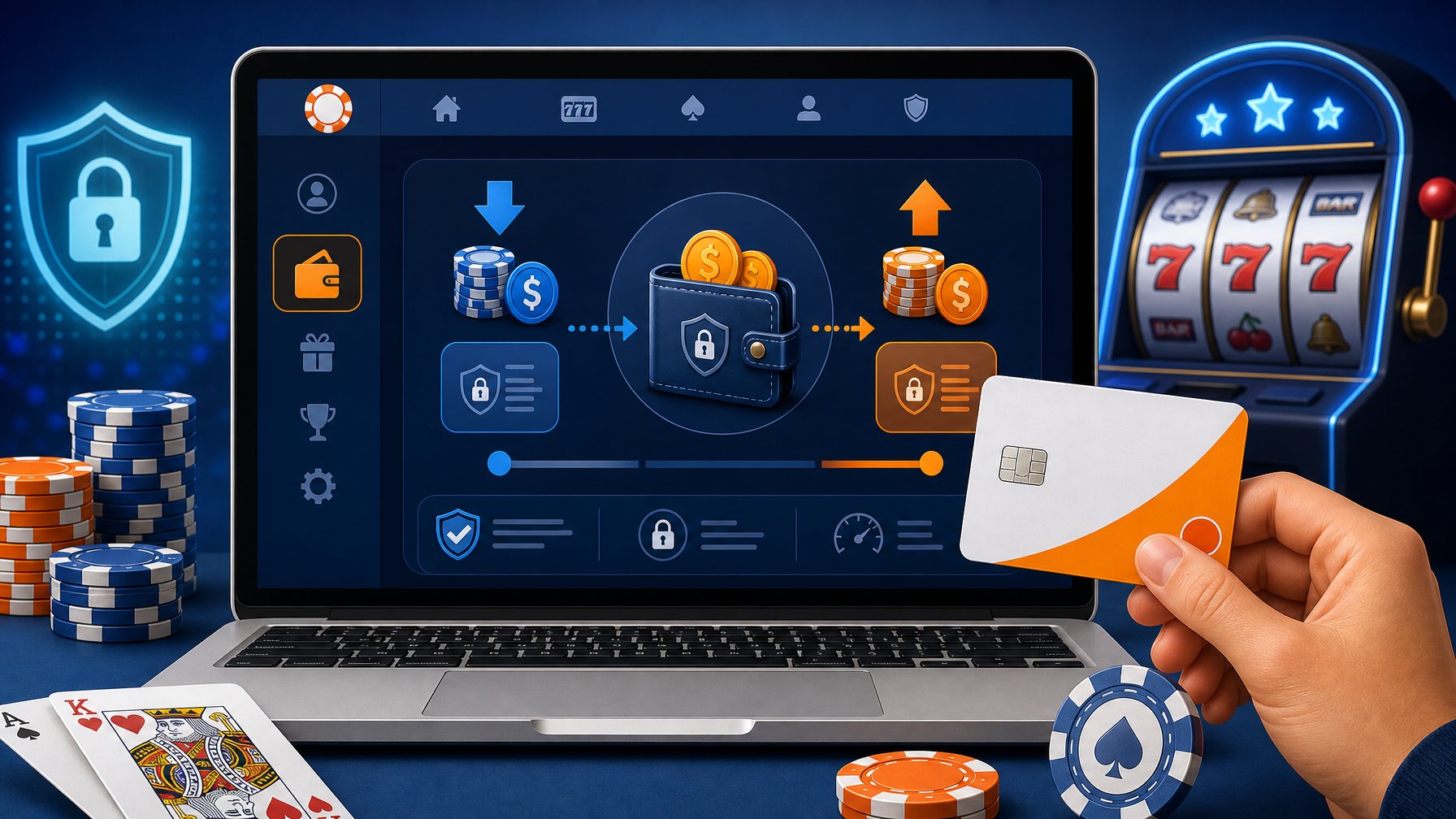 A Hand Holding A Discover Card Near A Laptop Showing An Online Casino Interface With Icons Representing Deposits And Cashouts.