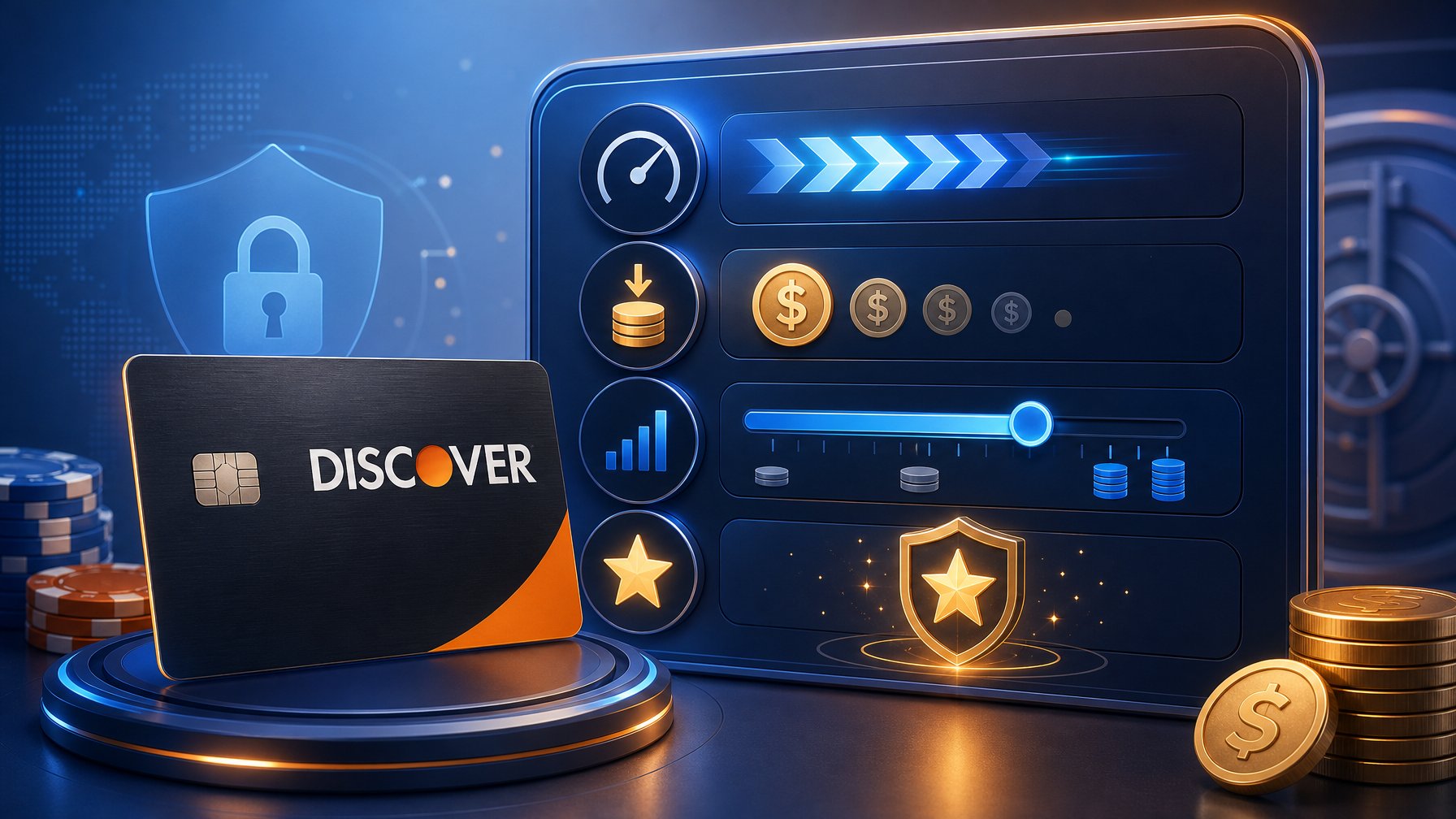 An Illustration Showing A Digital Payment Terminal With Symbols Representing Speed, Fees, Transaction Limits, And Bonus Rewards Alongside A Discover Card.