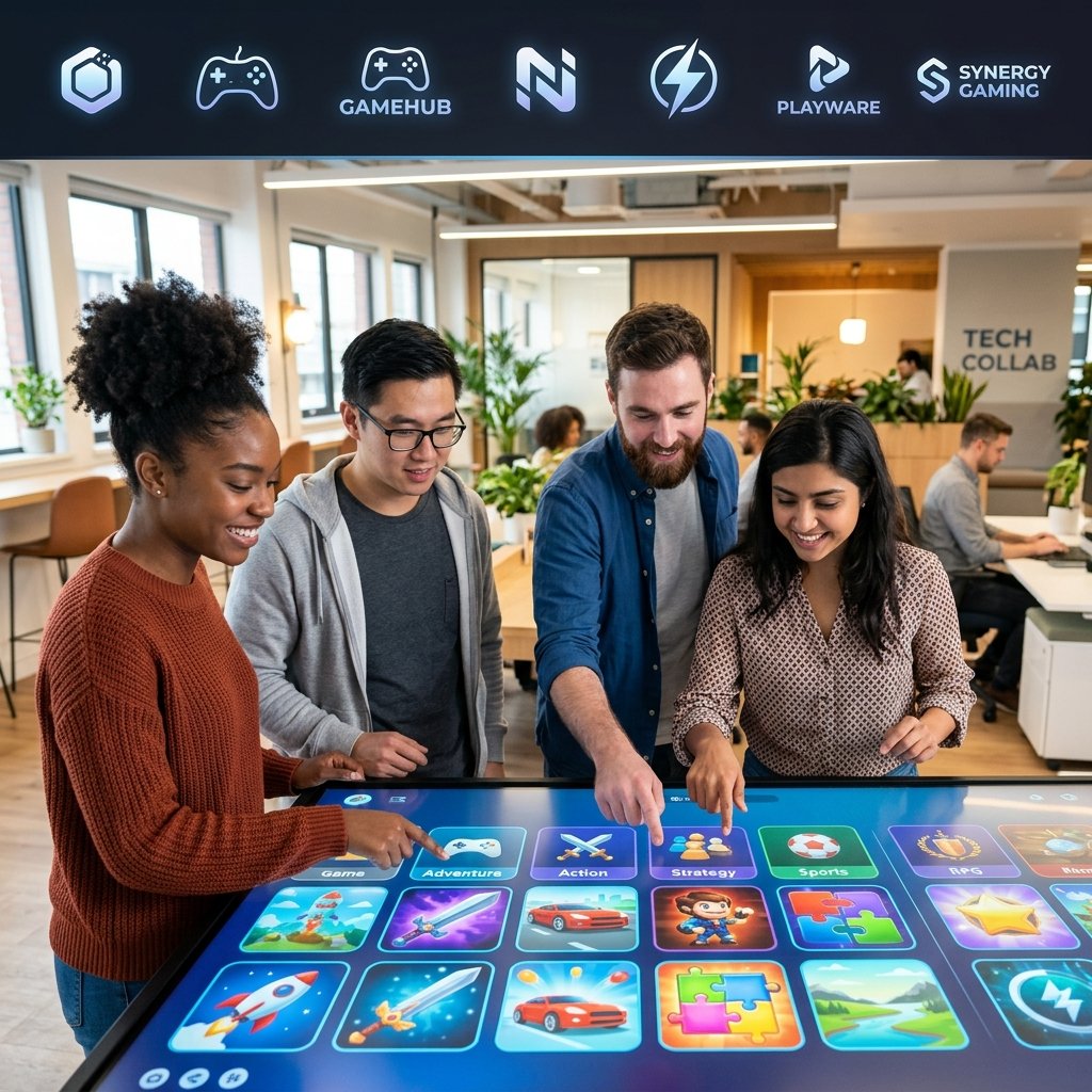 People interacting with a large touchscreen displaying colorful game icons and logos of software providers in a modern office setting.