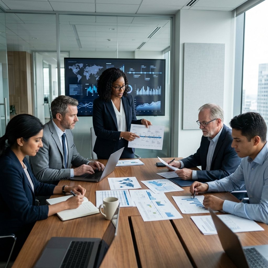 A group of business professionals collaborating around a conference table with charts and laptops in a modern office.