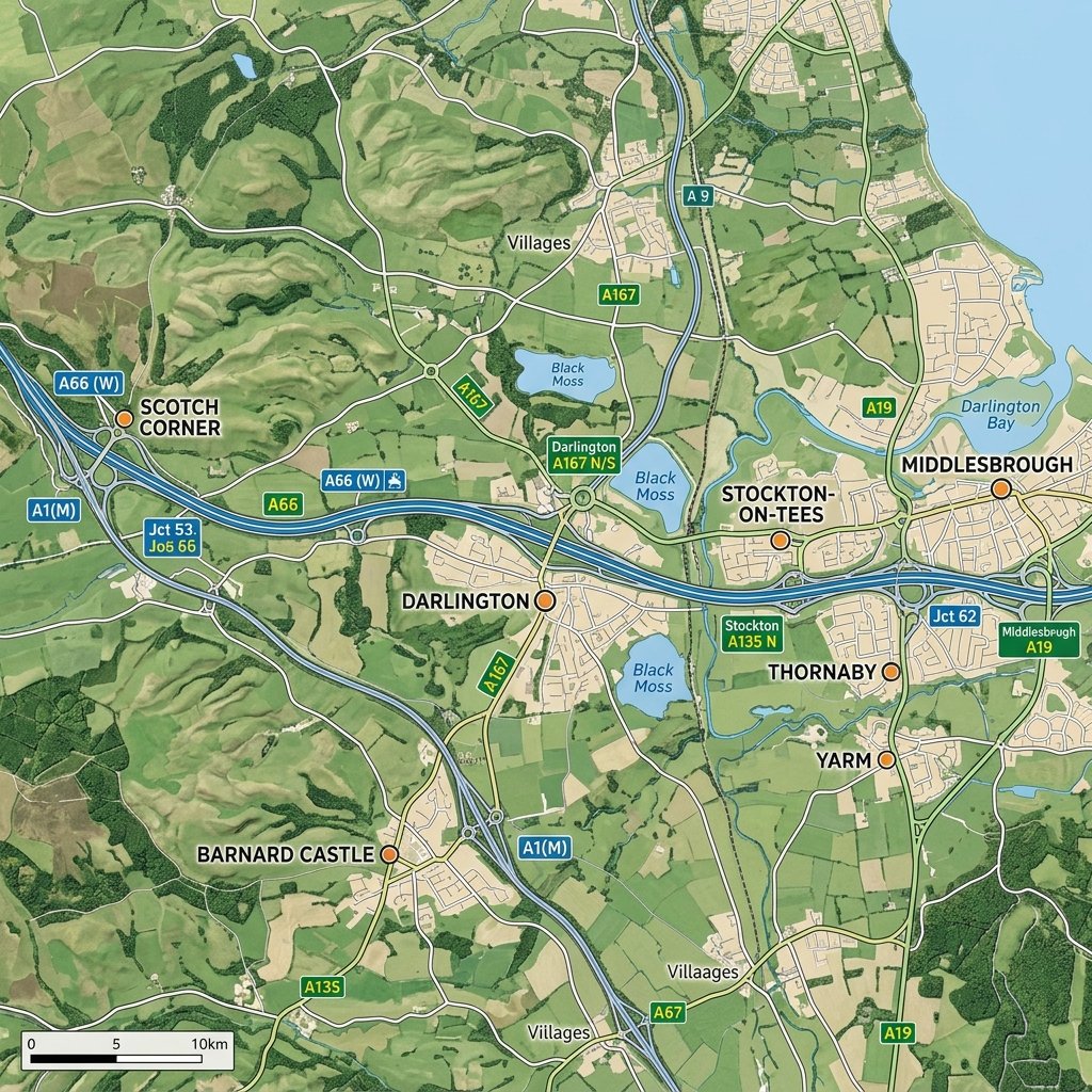 Overhead view of a detailed highway map showing a major route with key destinations and junctions.