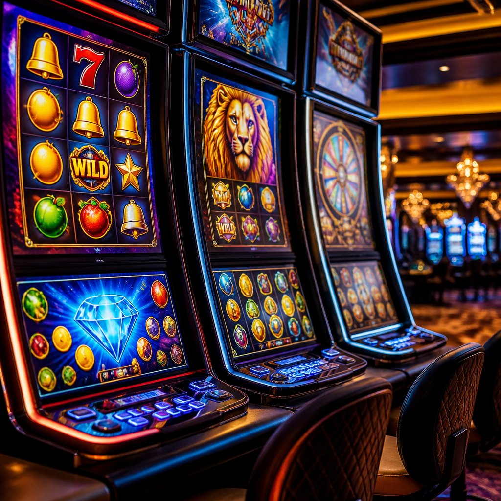 A casino floor with brightly lit slot machines displaying colorful game symbols and features.