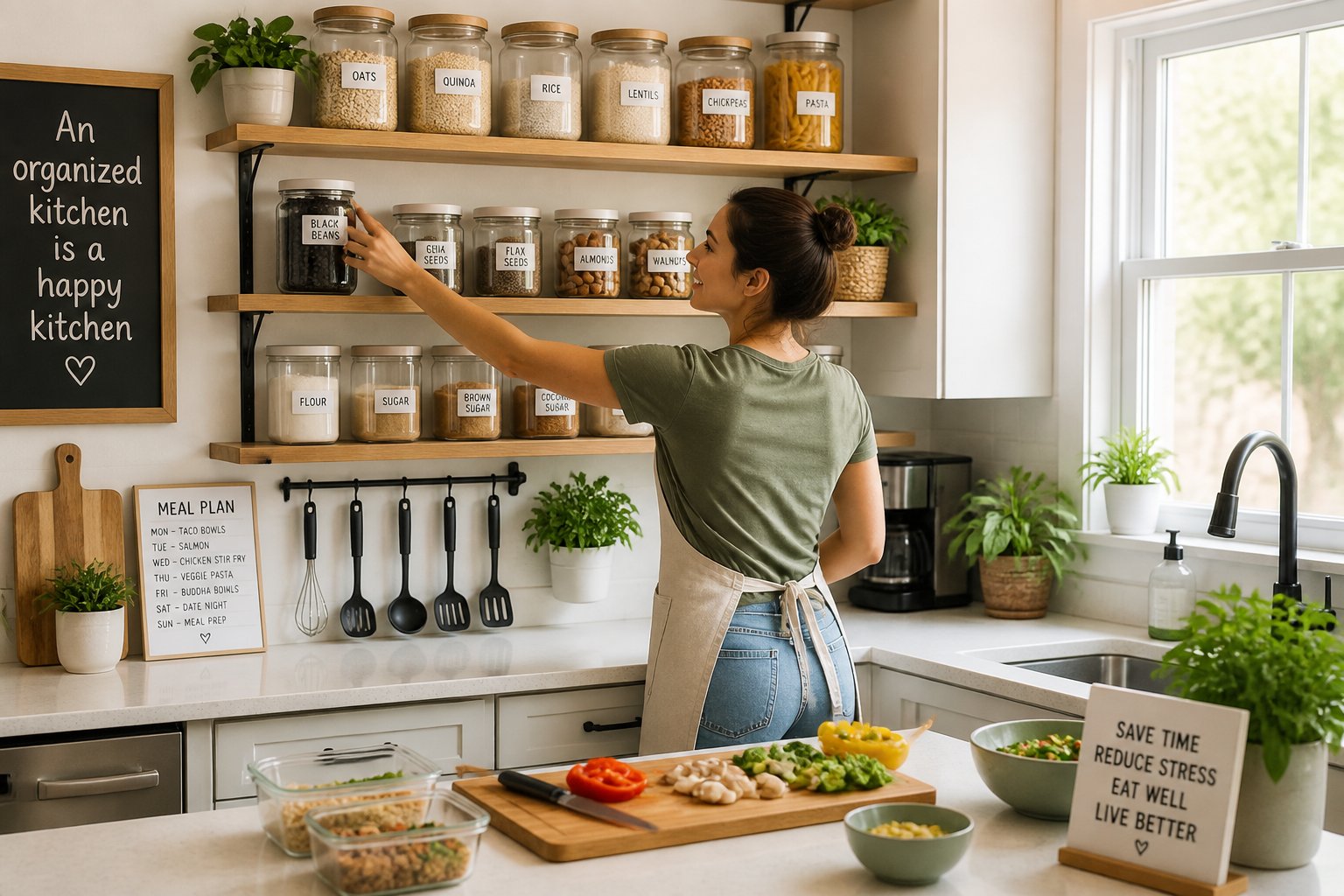 Person cooking in a clean, organized kitchen with neatly arranged jars and utensils.