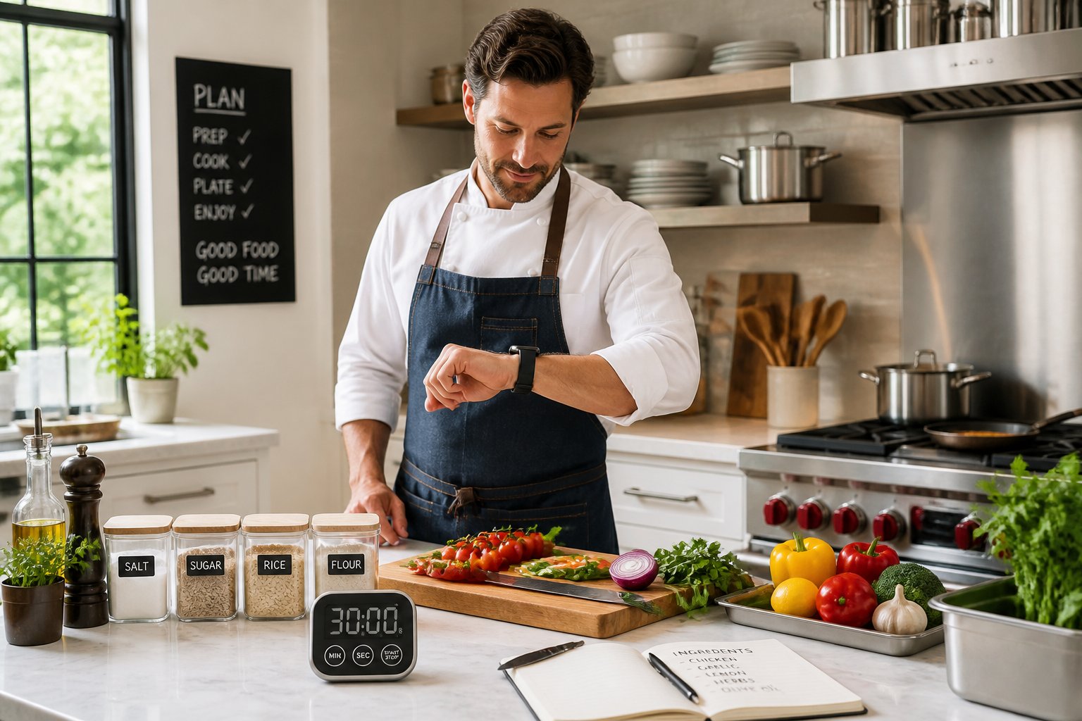 A person in a kitchen wearing an apron checks a digital timer while standing near a clean countertop with organized cooking tools and ingredients.