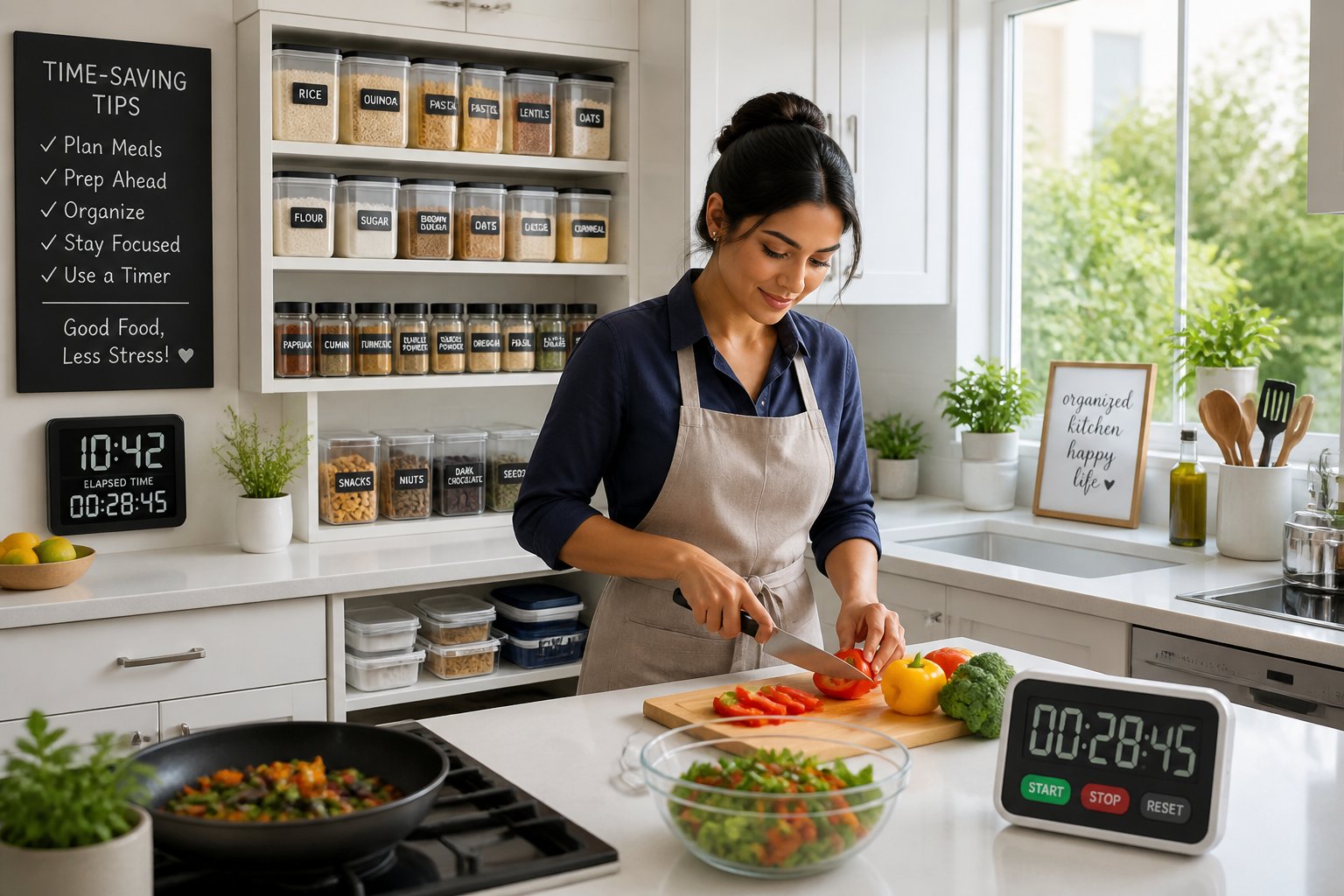 A person preparing food in a clean, well-organized kitchen with neatly arranged utensils and containers, using a timer to track cooking time.