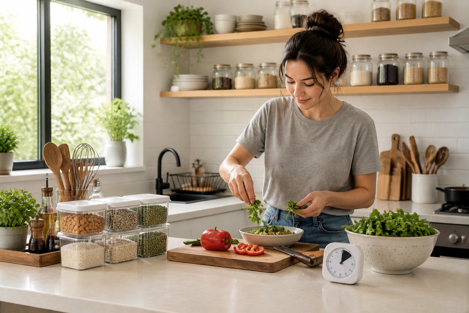 A person preparing food in a bright, organized kitchen with neatly arranged containers and a timer on the counter.