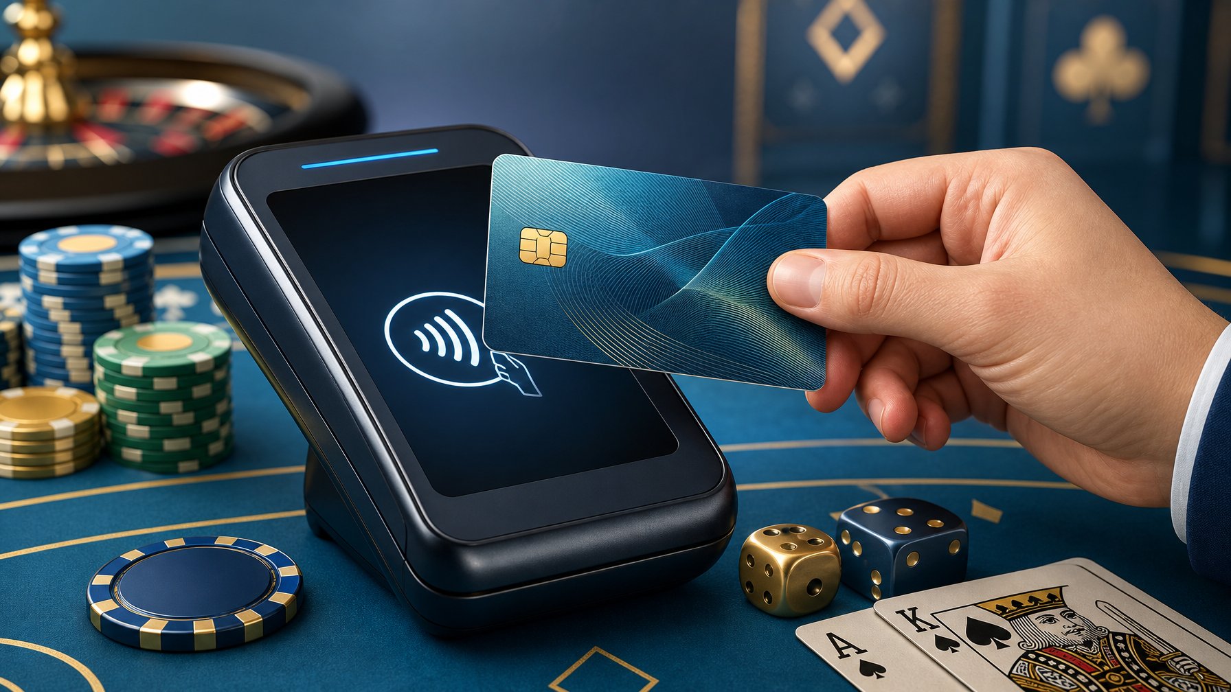 A Hand Holding A Bank Card Near A Payment Terminal With CasinoThemed Elements Like Poker Chips And Dice In The Background.