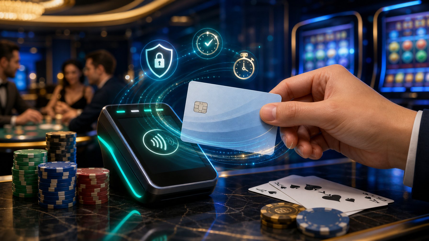 A Hand Holding A Debit Card Near A Payment Terminal Inside A Casino Setting With Poker Chips And Slot Machines In The Background.