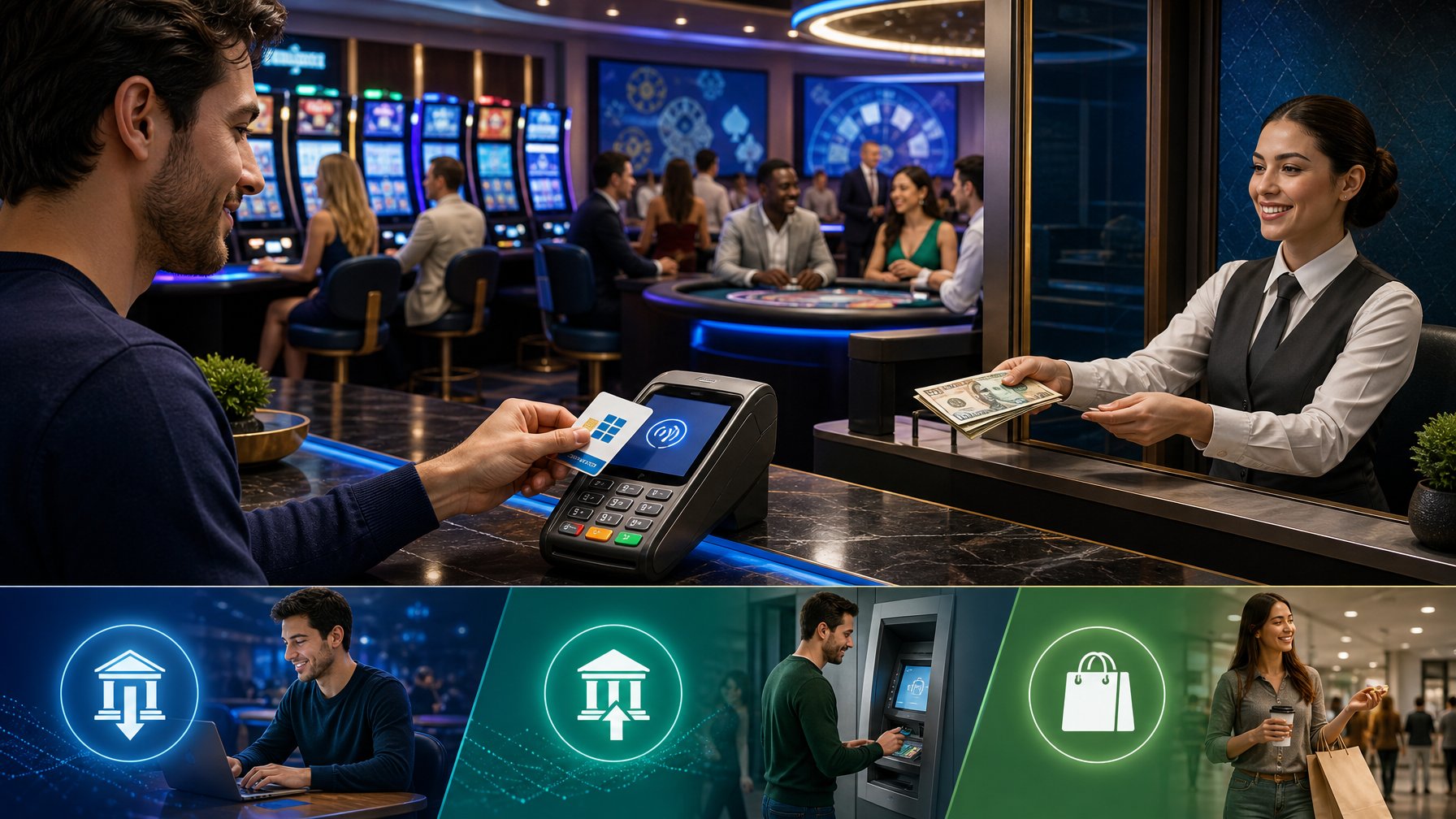 People Making Payments And Cash Withdrawals At A Casino Using A Card Payment Terminal And A Cashier Counter.