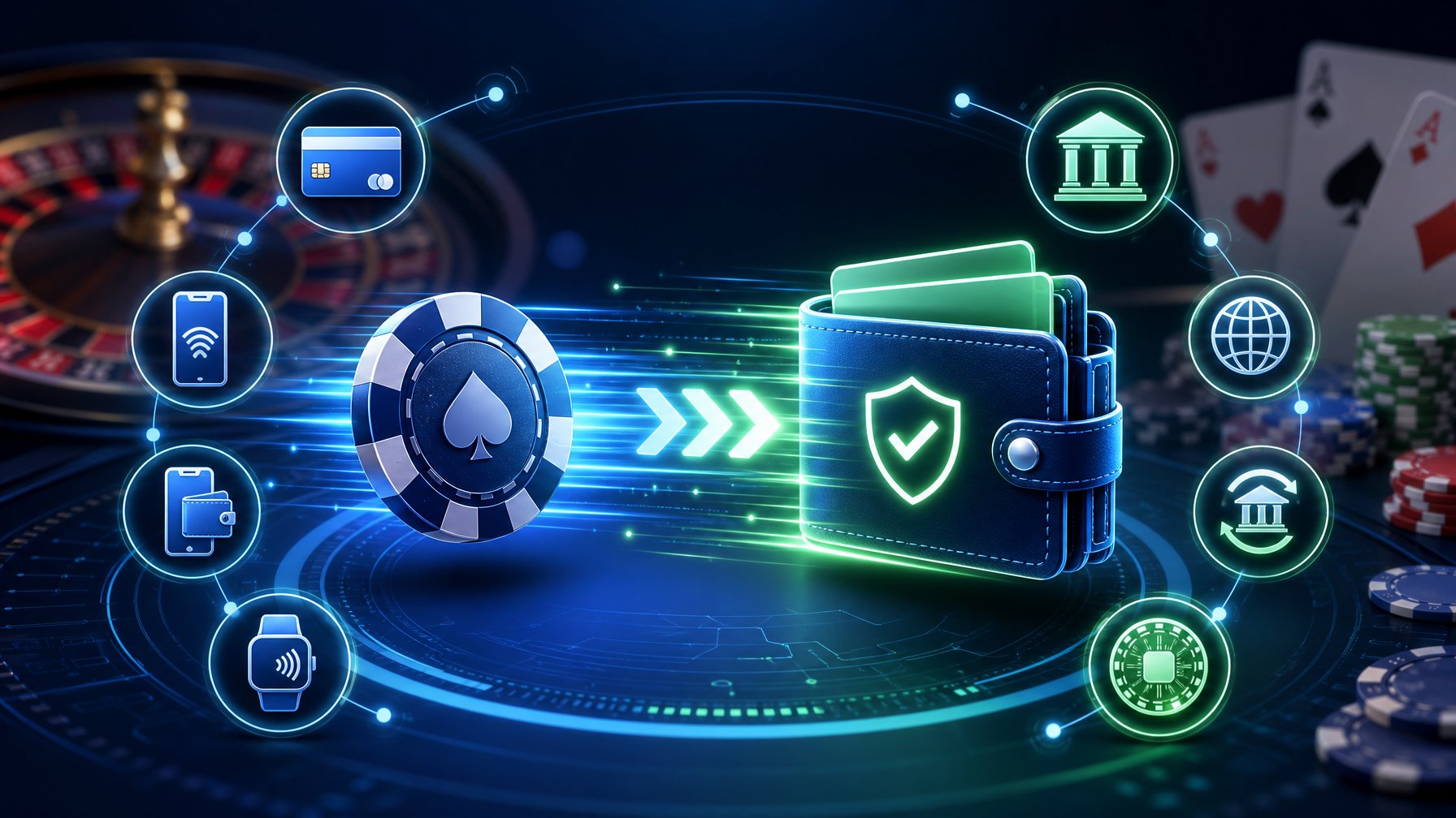 A Digital Interface Showing Fast And Secure Casino Payment Options With Glowing Icons, Arrows Indicating Quick Transaction Flow, And Casino Elements Like Chips And Cards In The Background.