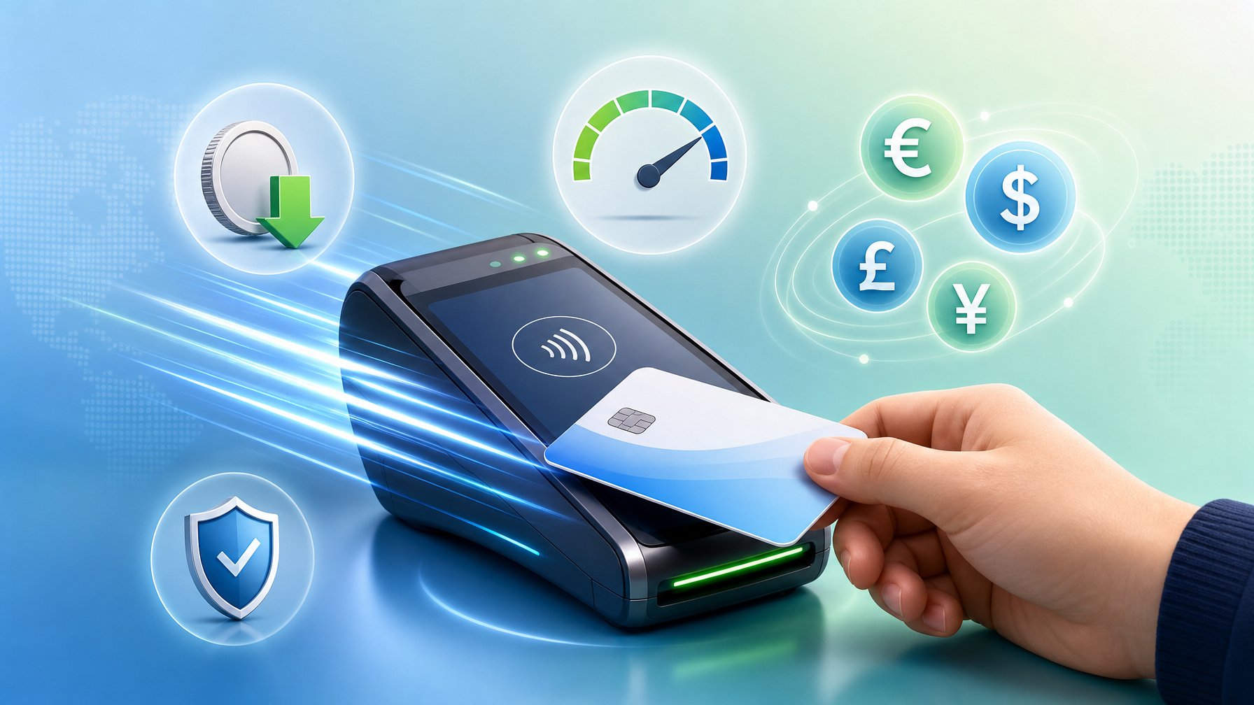 A Digital Payment Terminal With A Girocard Being Used, Surrounded By Icons Representing Speed, Fees, Limits, And Multiple Currencies.