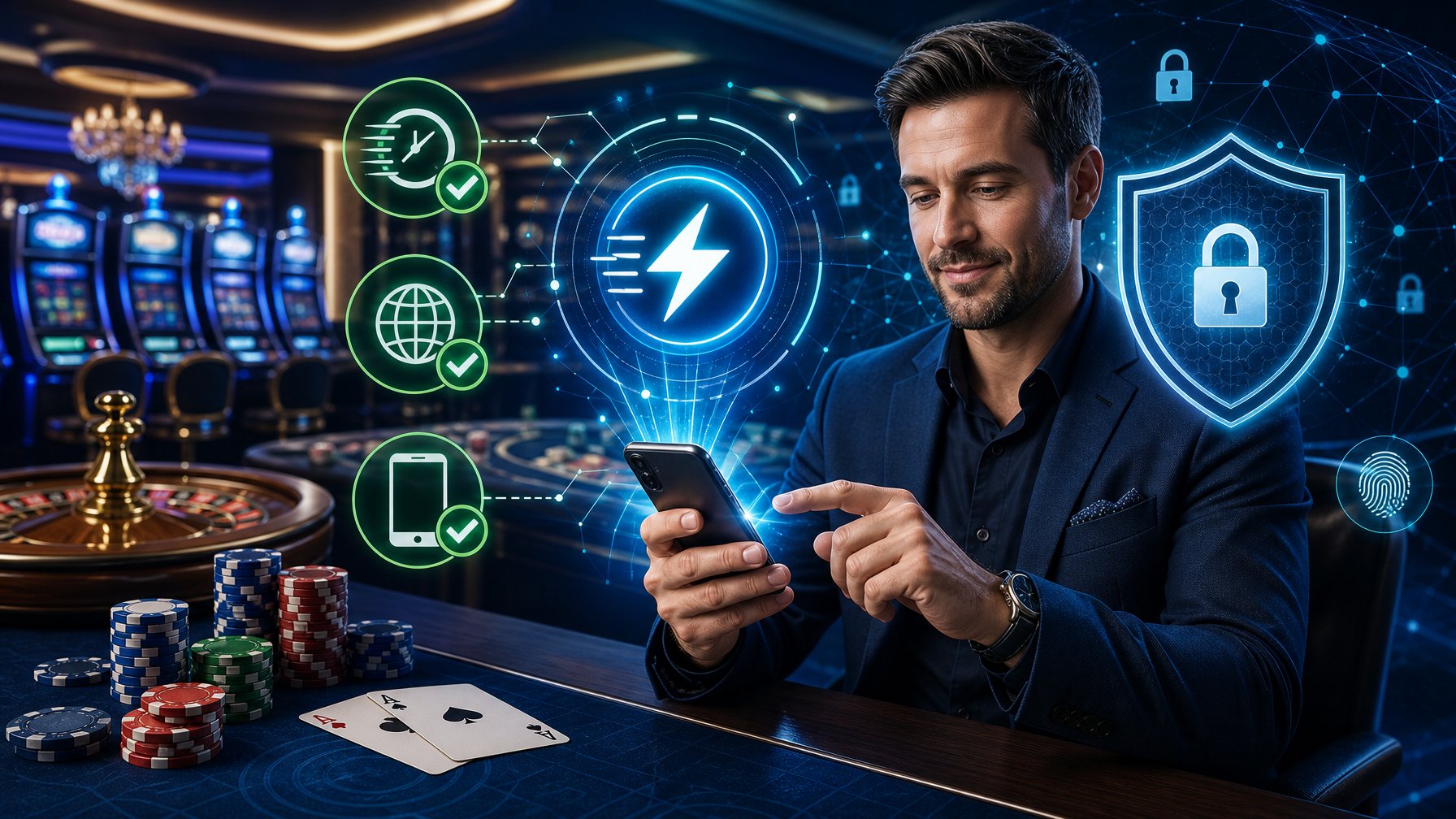 A Person Using A Smartphone To Make A Fast And Secure Payment In A Casino Setting, With Symbols Representing Verification And Safety Around Them.