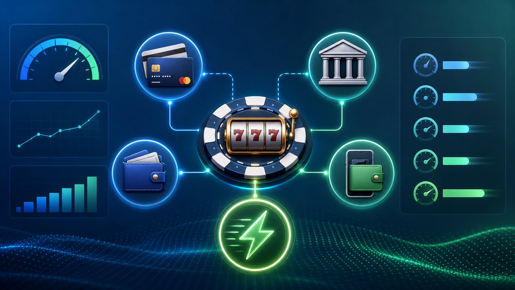 A Digital Dashboard Showing Various Payment Method Icons Connected To A Central Casino Symbol, Illustrating Faster Payments For Casino Transactions.