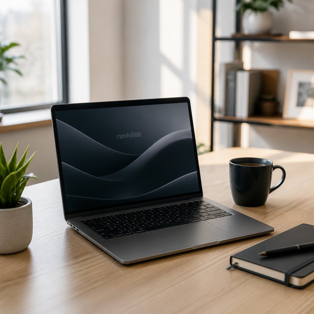 A tidy workspace with a laptop on a wooden desk, a small plant, a coffee cup, and a notebook near a window with natural light.