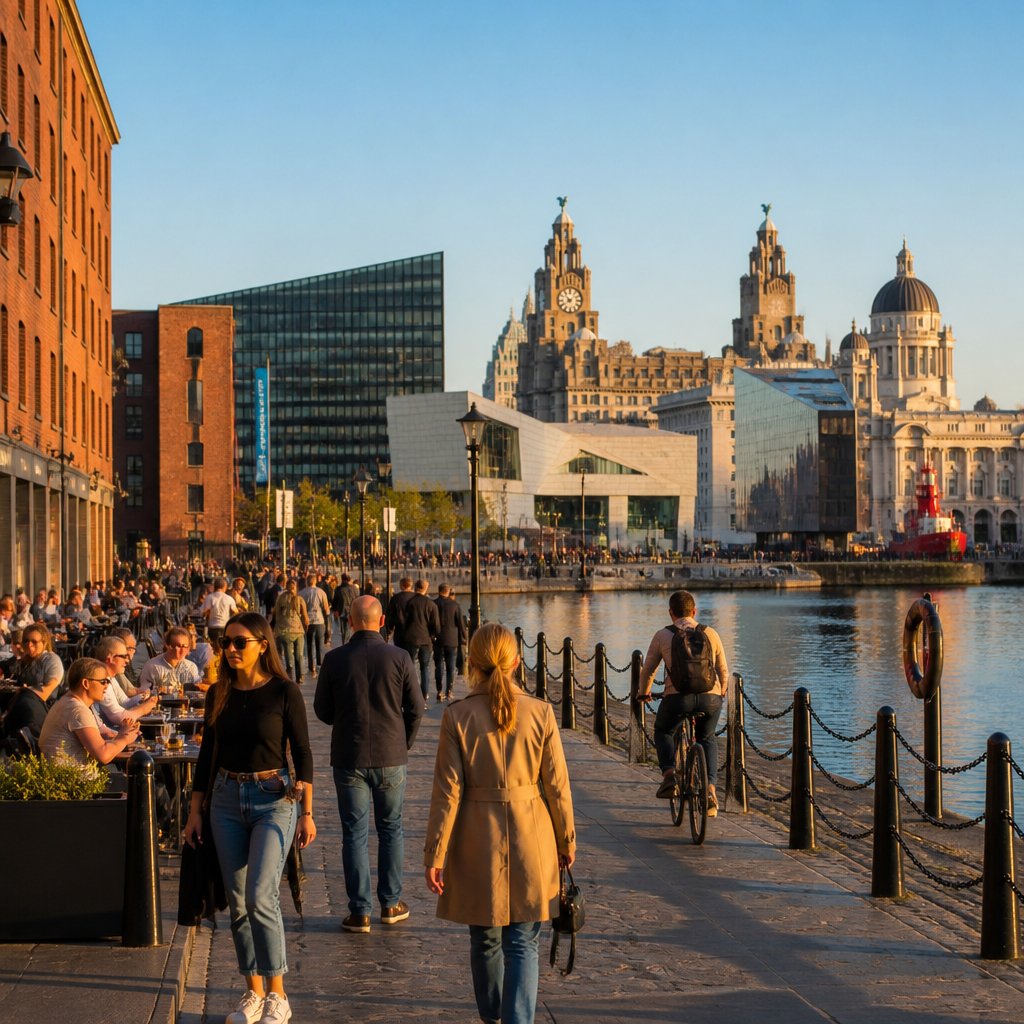 A panoramic view of Liverpool's waterfront with historic docks, modern buildings, and people walking along the promenade on a sunny day.