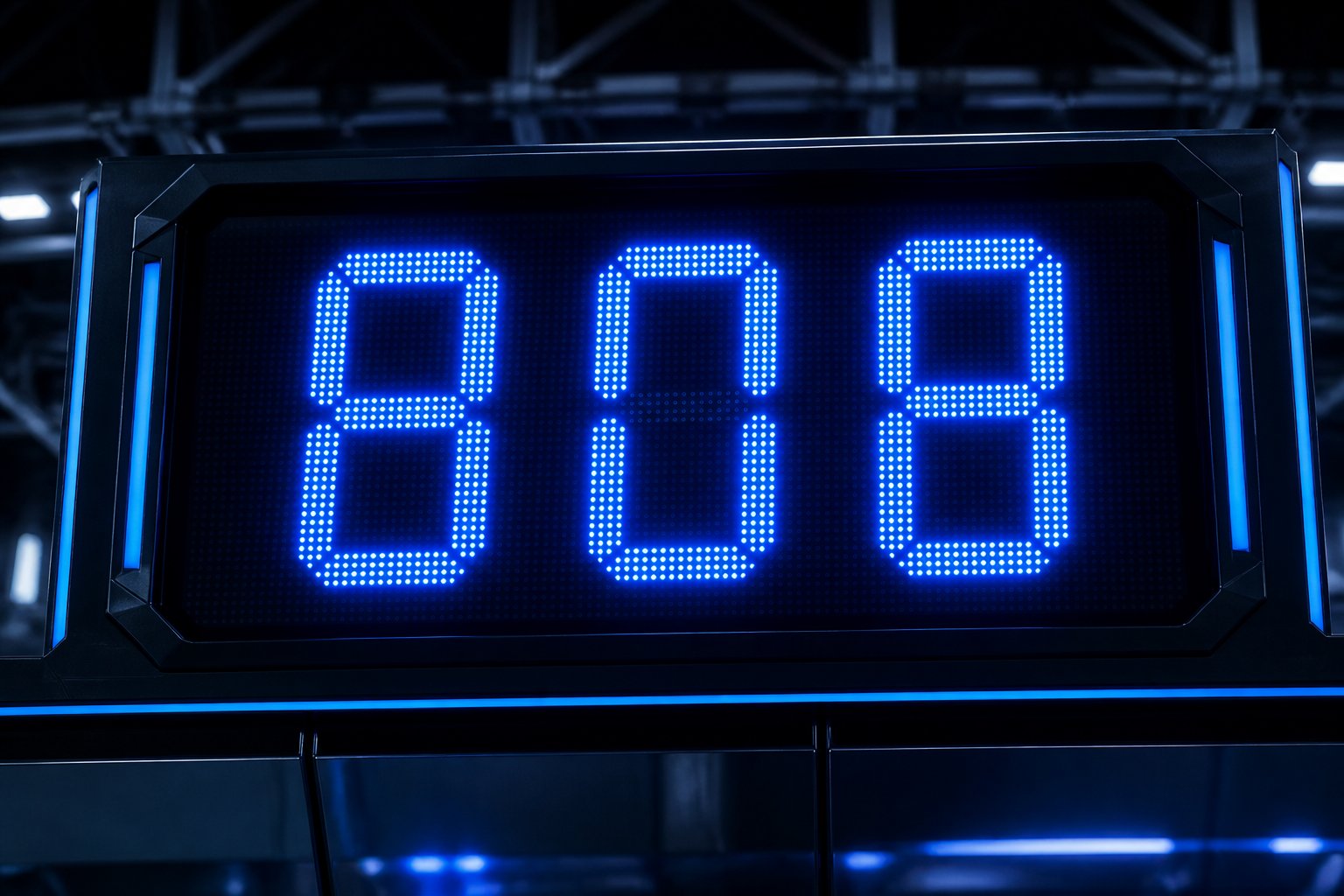 A digital scoreboard showing the number 808 in bright blue lights.