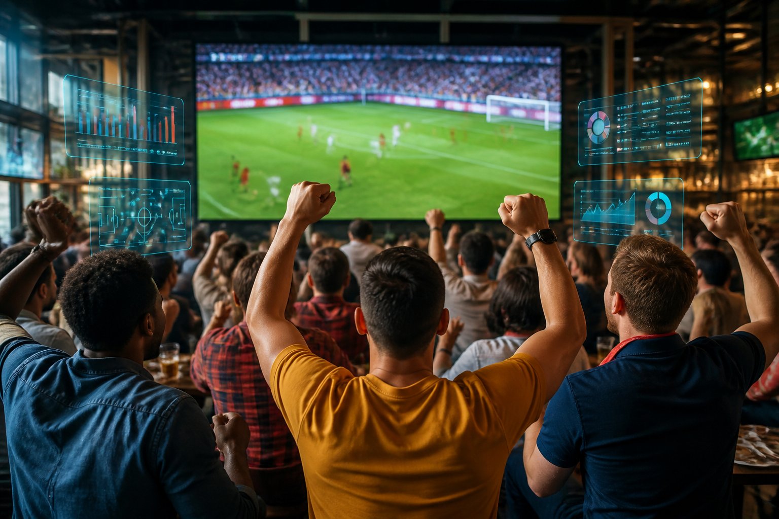 A group of football fans watching a live match on a large screen in a lively sports bar, reacting with excitement and focus.