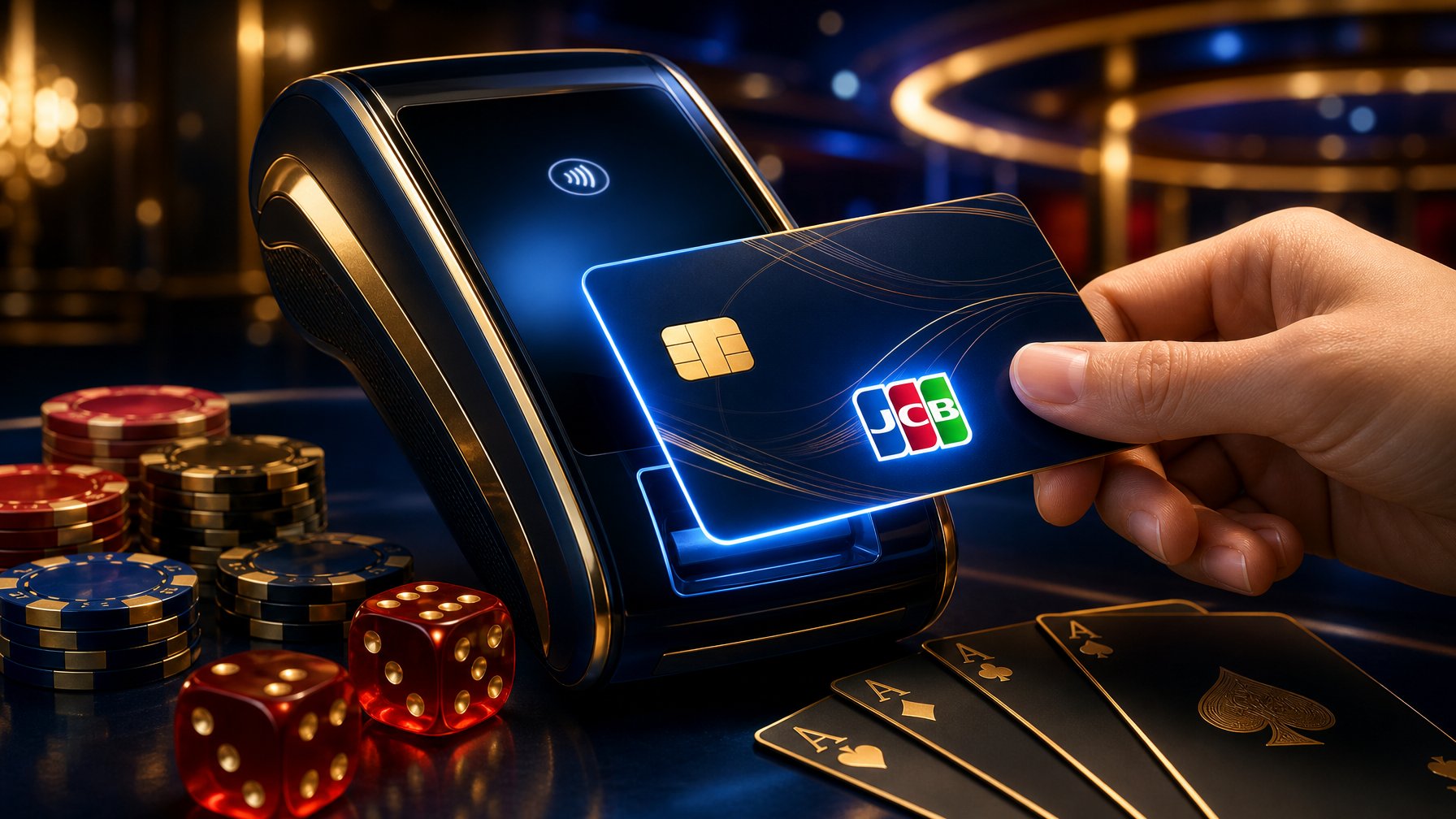 A Casino Payment Terminal With A Jcb Card Being Used, Surrounded By Poker Chips, Dice, And Playing Cards.