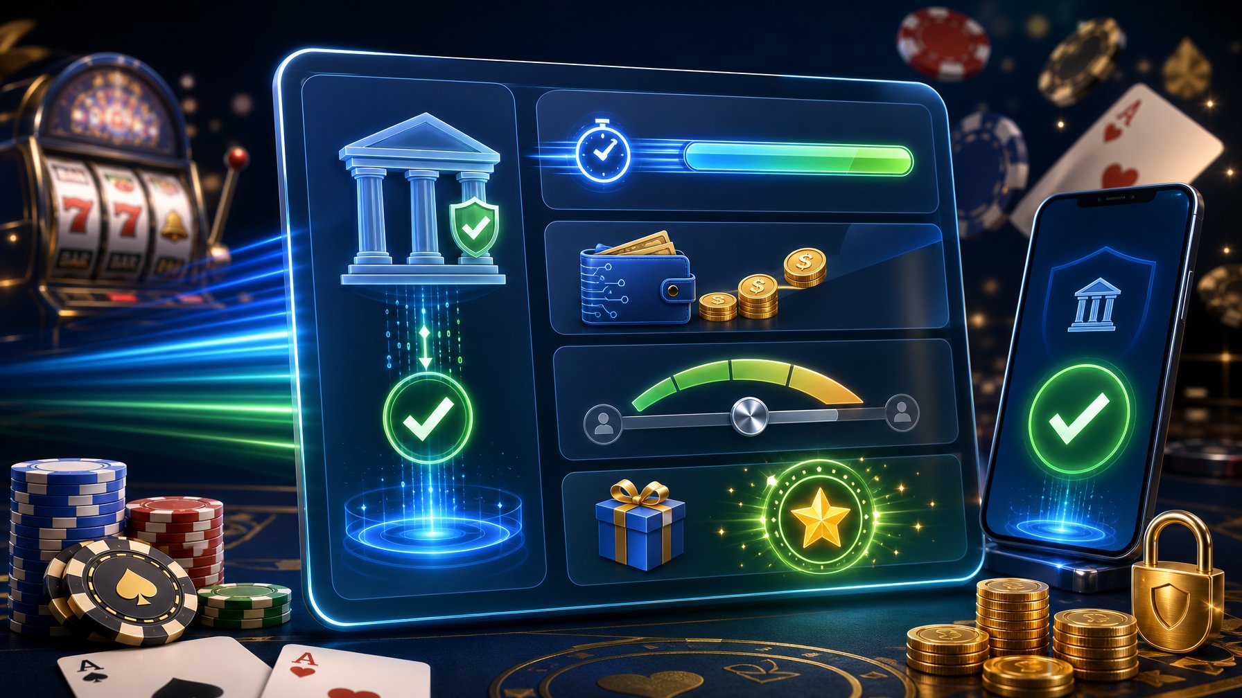 A Digital Interface Showing Fast Casino Payment Transactions With Icons Representing Speed, Fees, Transaction Limits, And Bonus Eligibility.