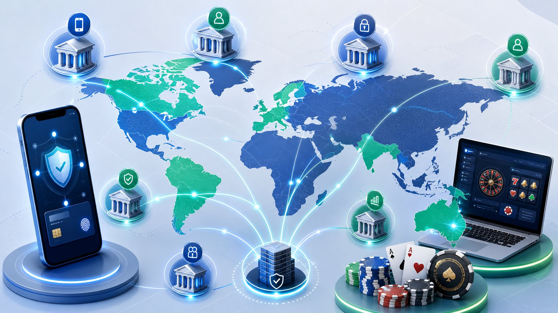 A World Map Highlighting Regions With Different Open Banking Casino Payment Methods, Surrounded By Icons Of Smartphones, Banks, And Casino Chips Connected By Flowing Lines.