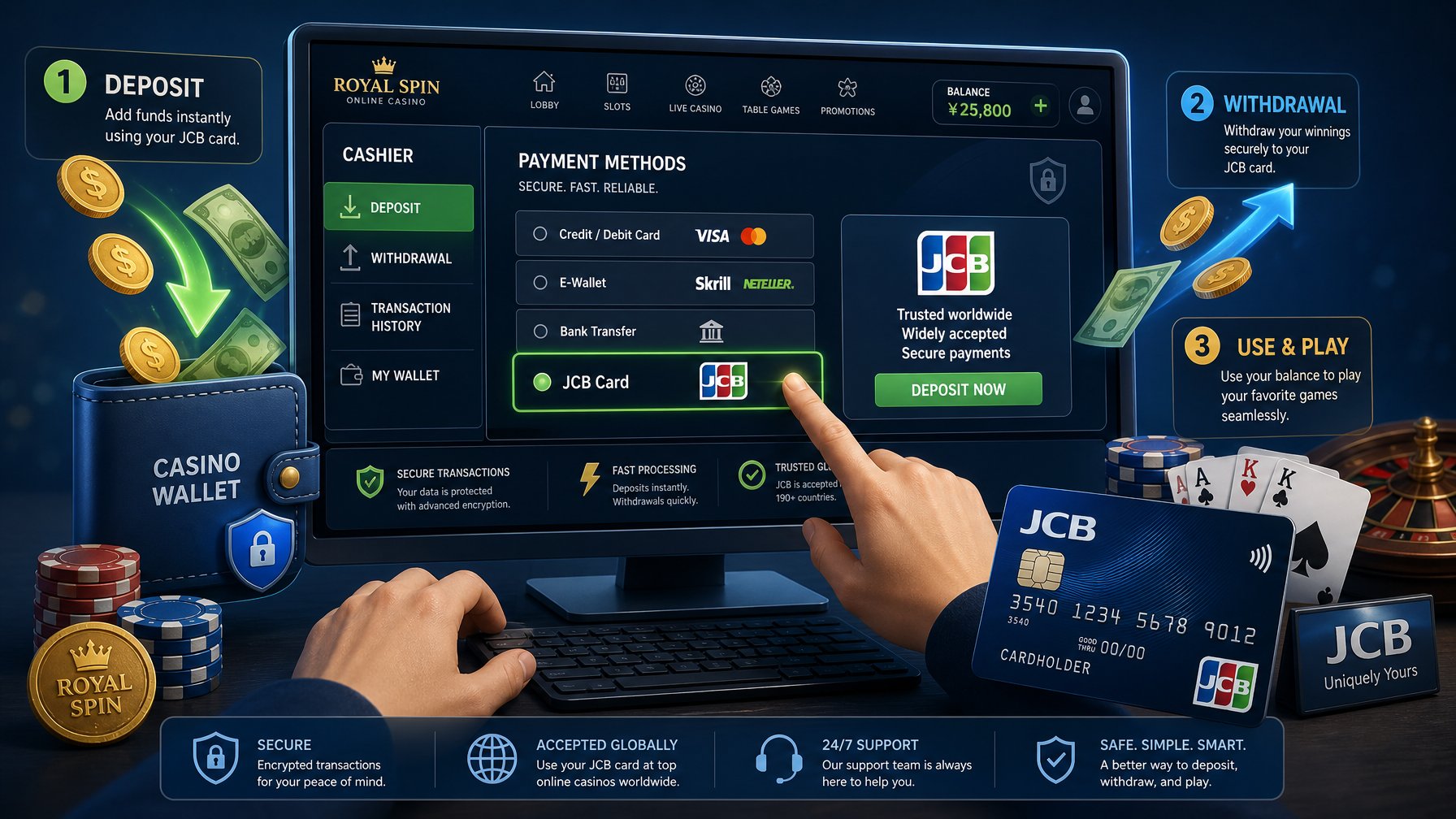 A Person Using A Computer With A Digital Casino Payment Interface Showing Money Flowing In And Out, Alongside A Jcb Payment Card And Casino Elements Like Poker Chips And Playing Cards.