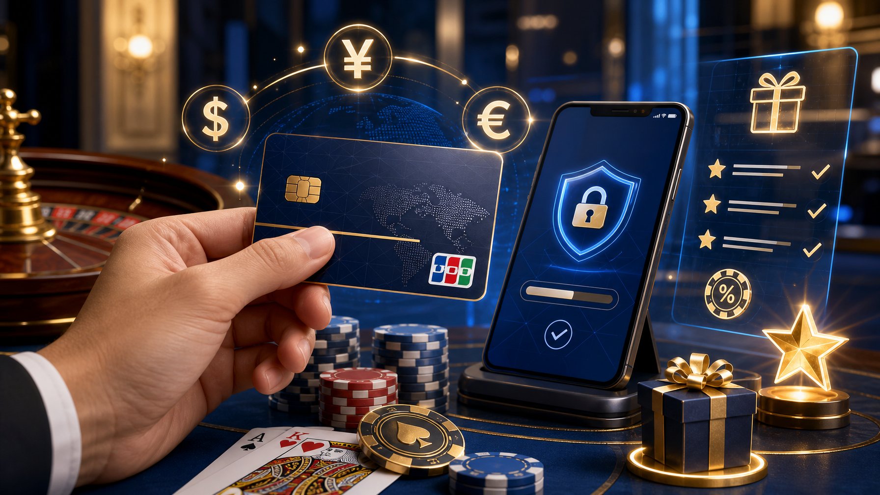 A Hand Holding A Jcb Credit Card Near A Payment Terminal In A Casino Setting With Poker Chips And Currency Symbols Floating Around.