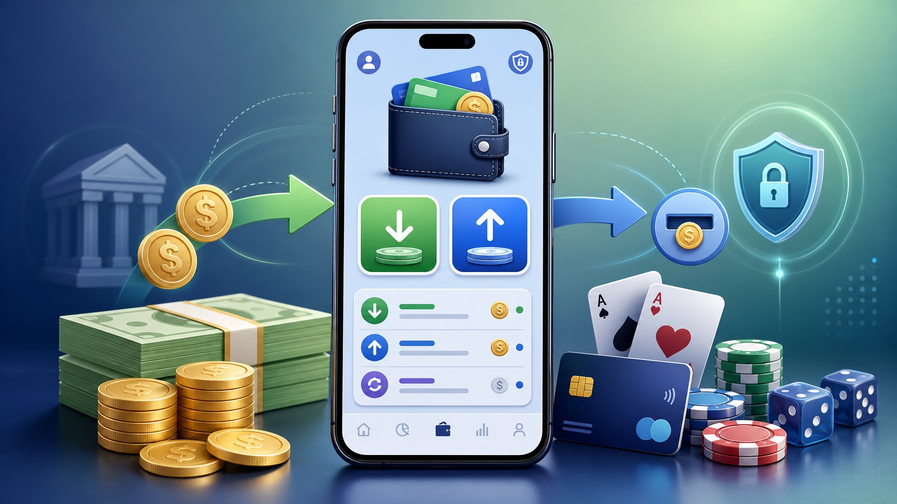 A Smartphone Displaying A Digital Wallet With Icons For Deposits And Withdrawals Surrounded By Coins, Banknotes, And Casino Elements Like Cards And Dice.