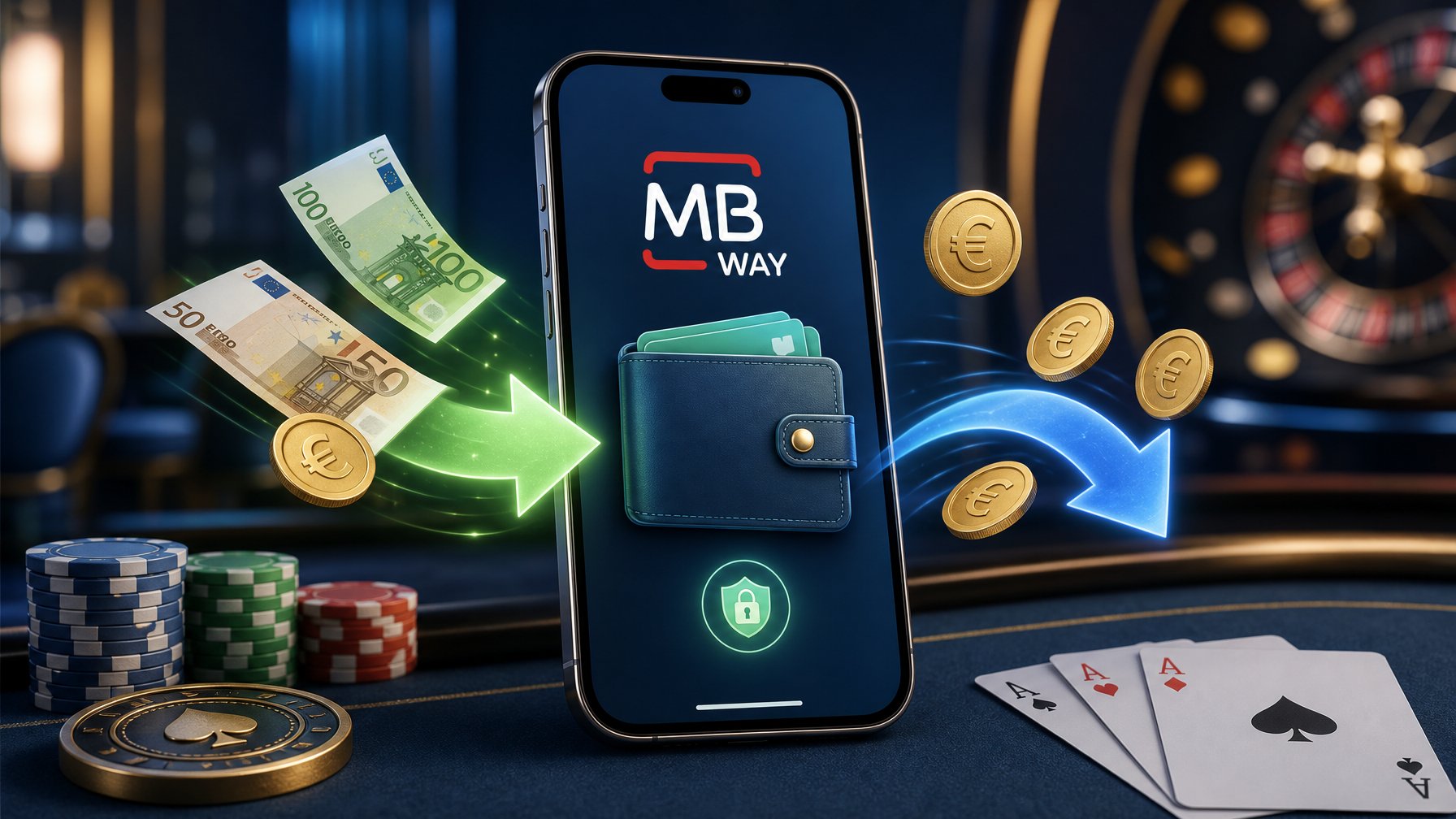 A Smartphone Showing A Digital Wallet With Money Flowing In And Out, Set Against A Casino Background With Poker Chips And Playing Cards.