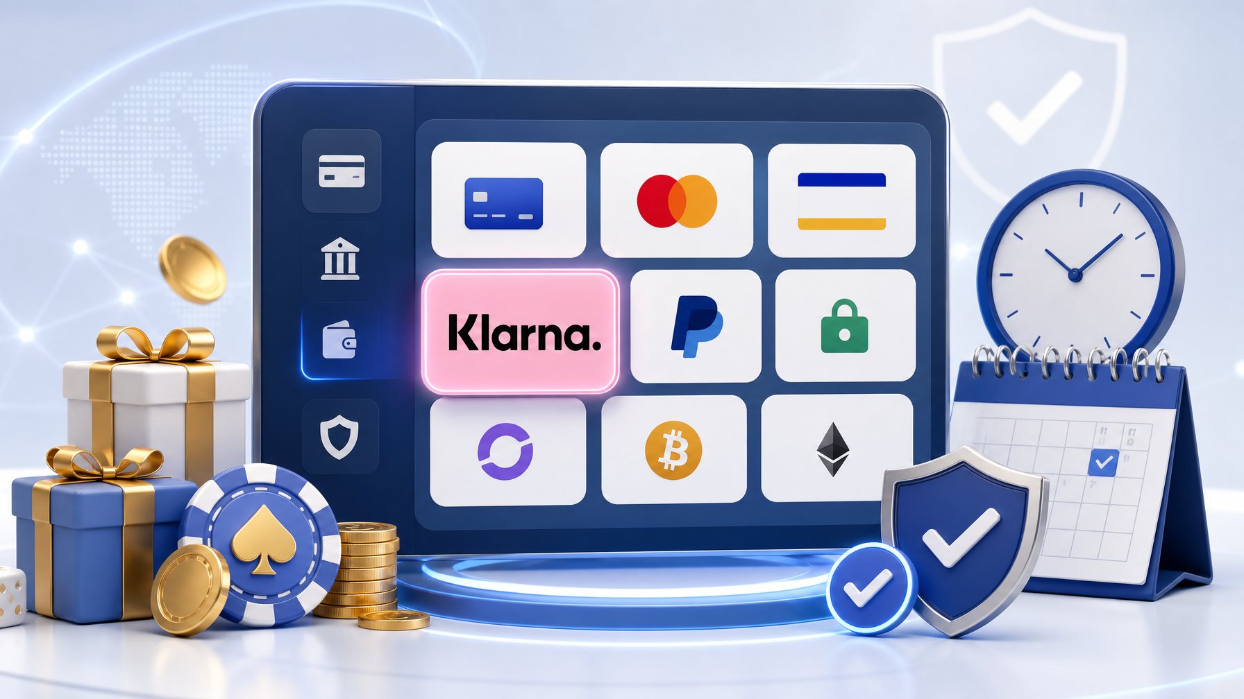 A Digital Interface Displaying Various Payment Options With Symbols Of Bonuses, Availability, And Security Around It.